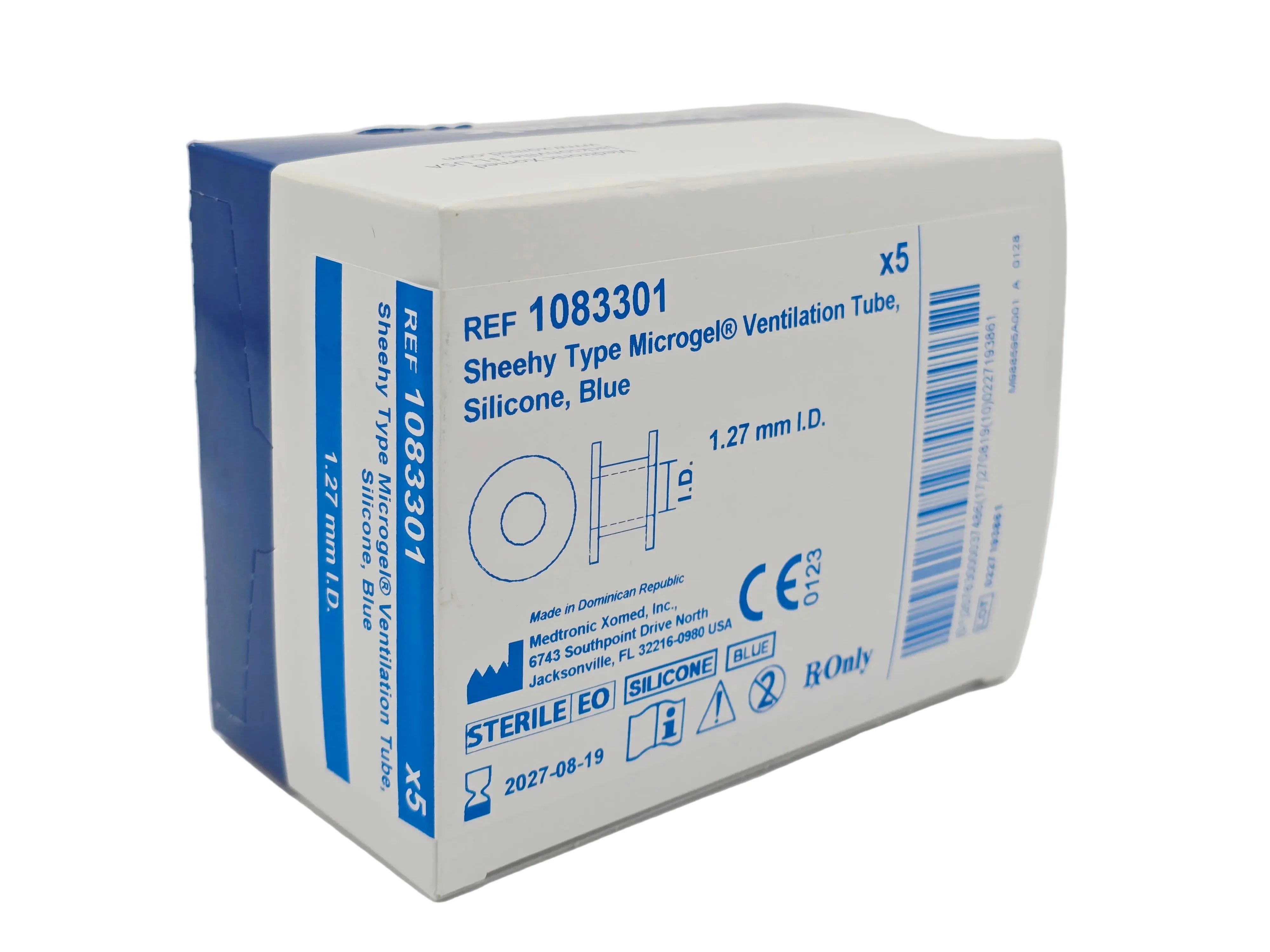 Medtronic 1083301 Microgel Sheehy-Type Ventilation Tube 1.27mm ID Blue BX/5
