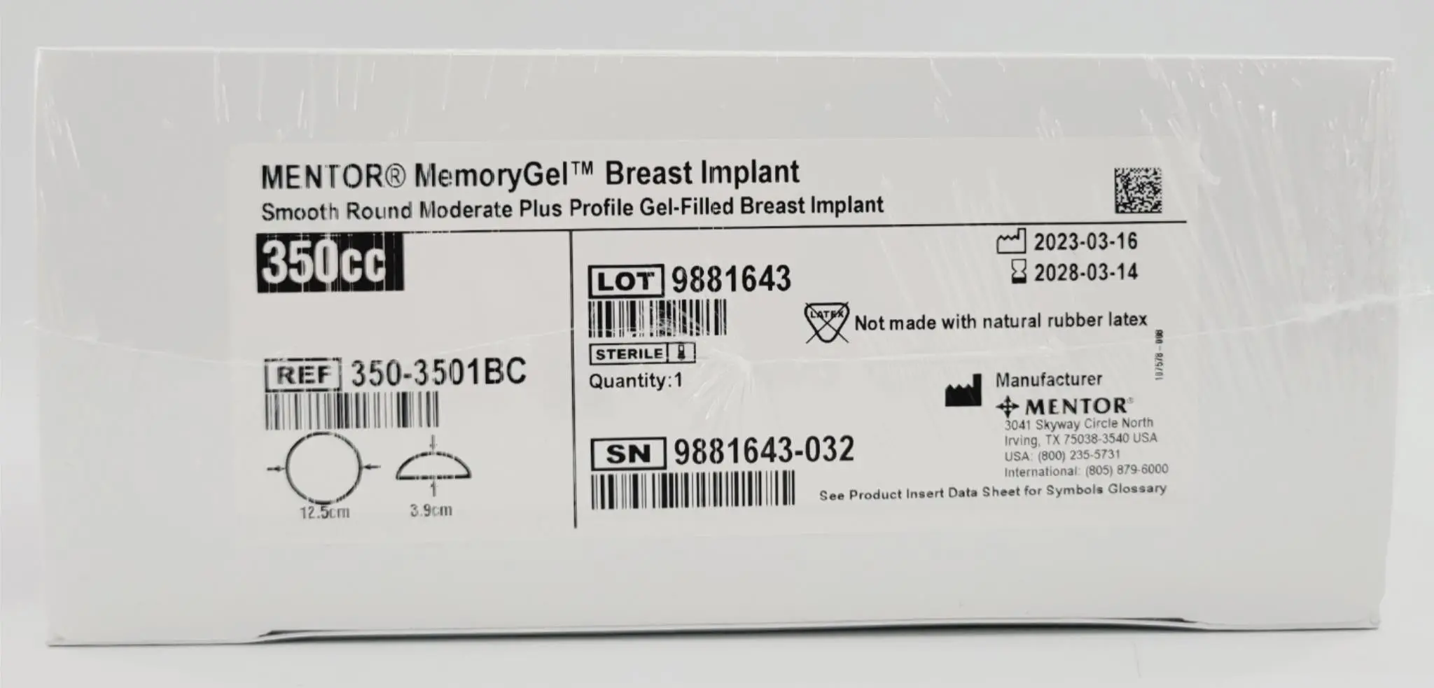 Mentor 350-3501BC Memory Gel Moderate Plus Breast Implant 350cc - Image 2