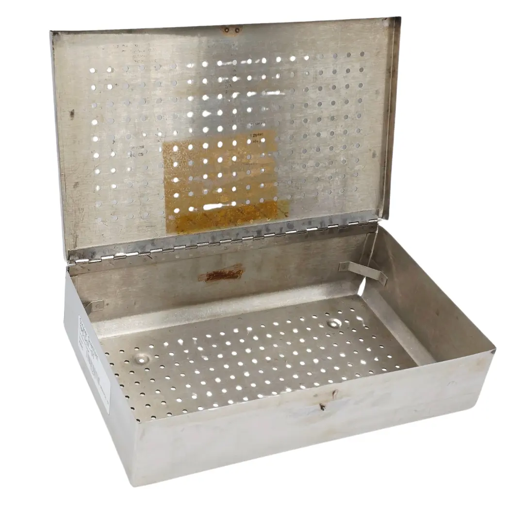 Stainless Steel Perforated Instrument Sterilization Tray w/ Hinged Lid 15x9x4