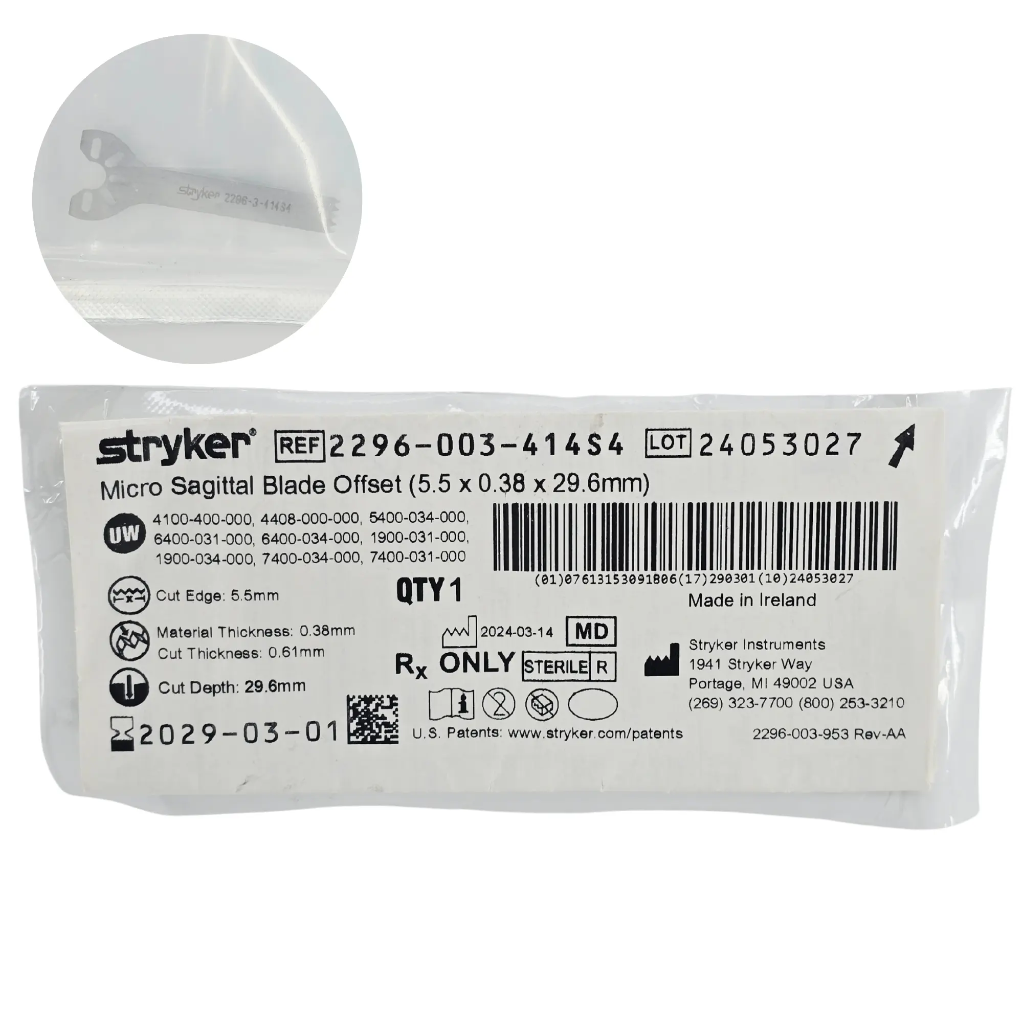 Stryker 2296-003-414S4 Precision Thin Micro Sagittal Blade - Offset, 5.5mm x 29.6mm