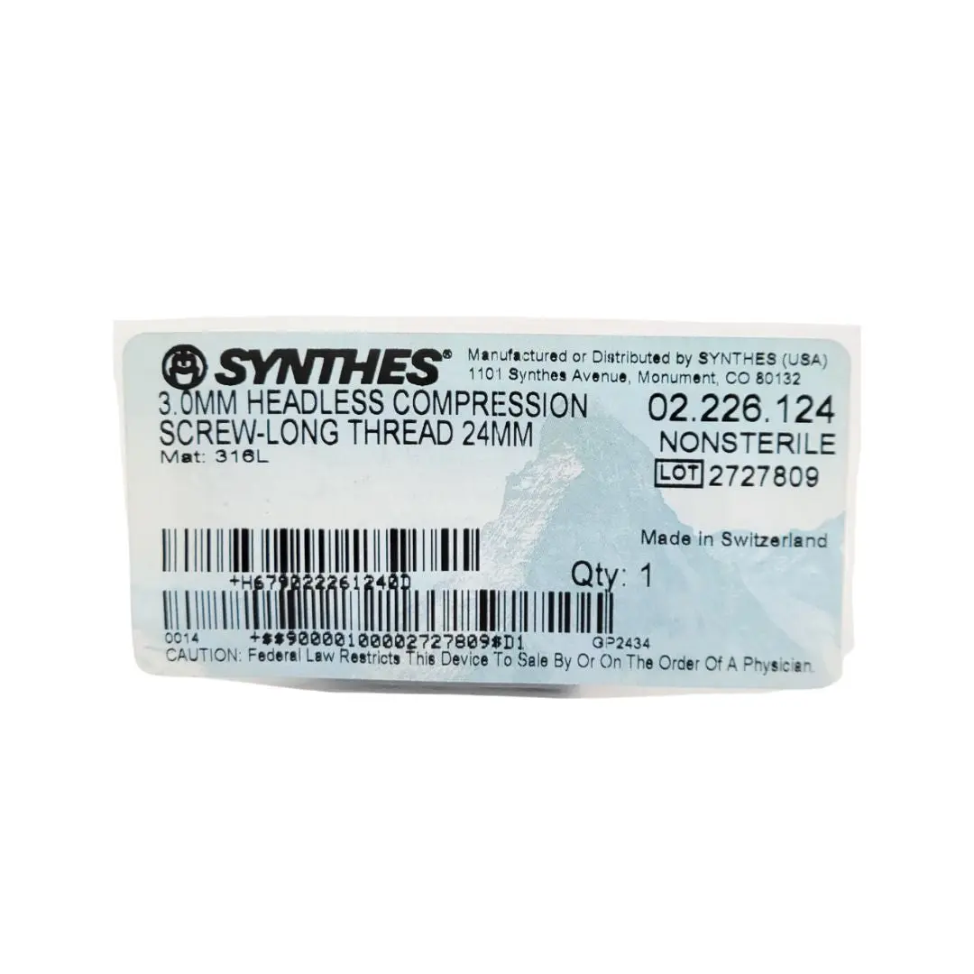 Synthes 02.226.124 3.0mm Headless Compression Screw-Long Thread 24mm