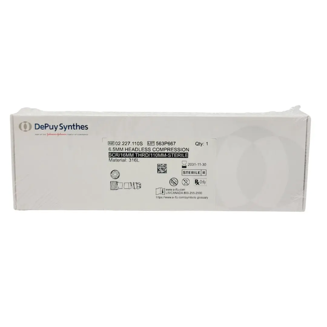 DePuy Synthes 02.227.110S 6.5mm Headless Compression SCR/16MM THRD/110MM