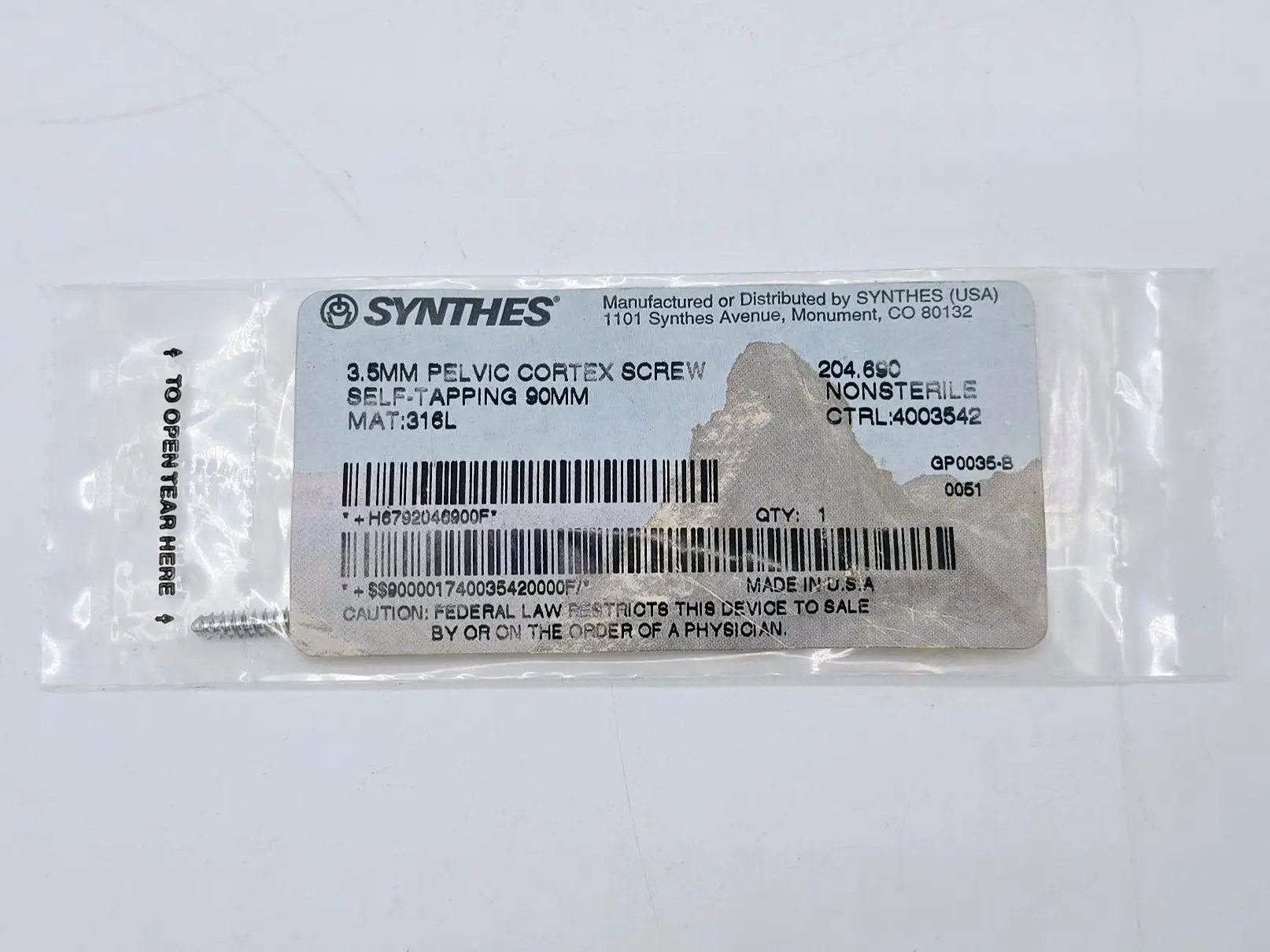 Synthes 204.690 3.5mm Pelvic Cortex Screw Self-Tapping 90mm - Image 2