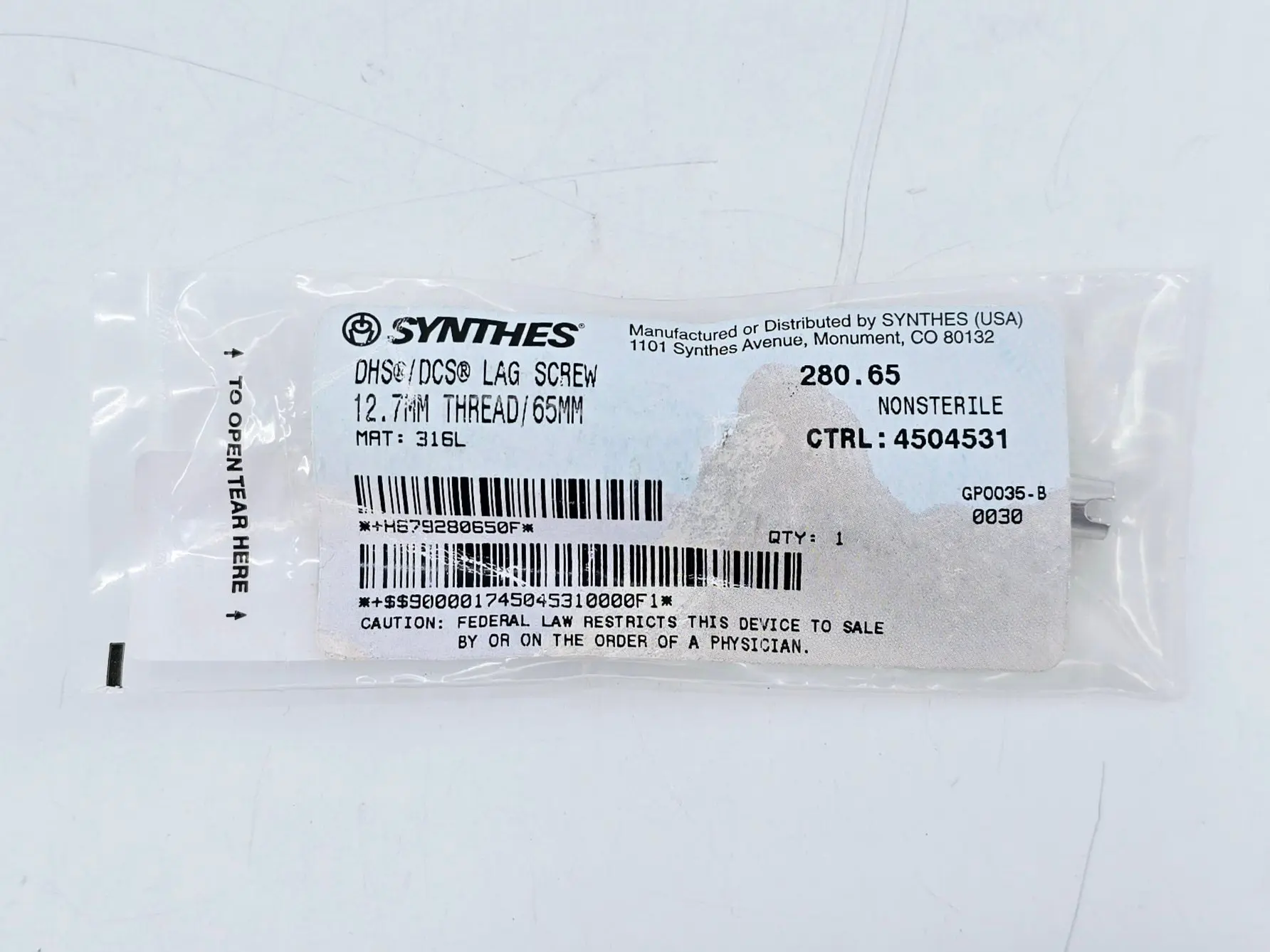 Synthes 280.65 DHS/DCS Lag Screw 12.7mm Thread/65mm - Image 2