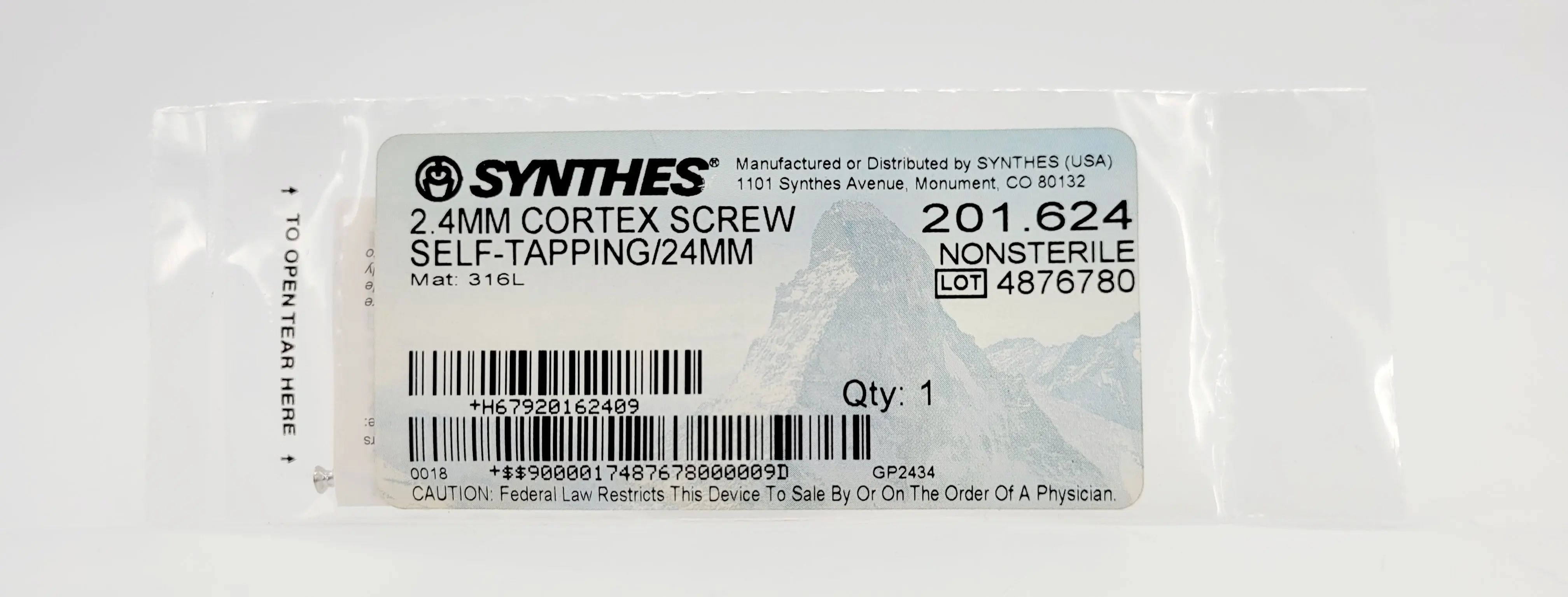 Synthes 201.624 2.4mm Cortex Screw Self Tapping 24mm