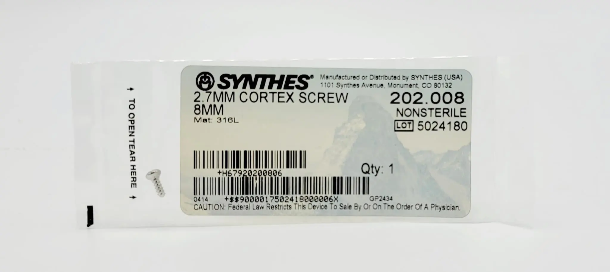 Synthes 202.008 2.7mm Cortex Screw 8mm - Image 2