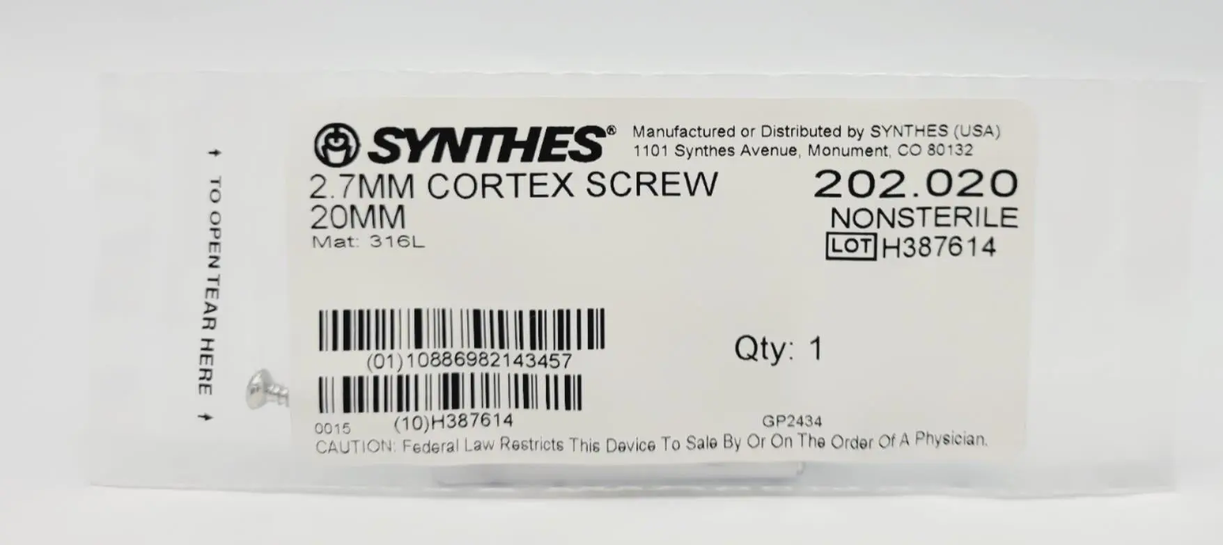 Synthes 202.020 2.7mm Cortex Screw 20mm - Image 2