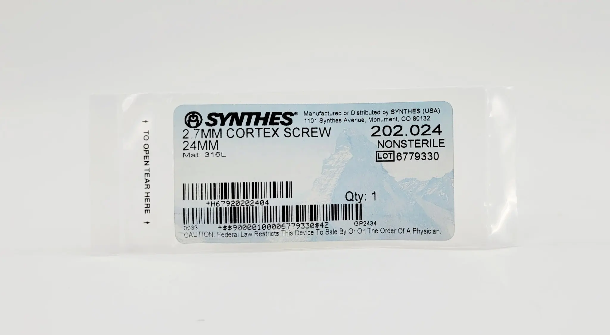 Synthes 202.024 2.7mm Cortex Screw Self-Taping 24mm - Image 2