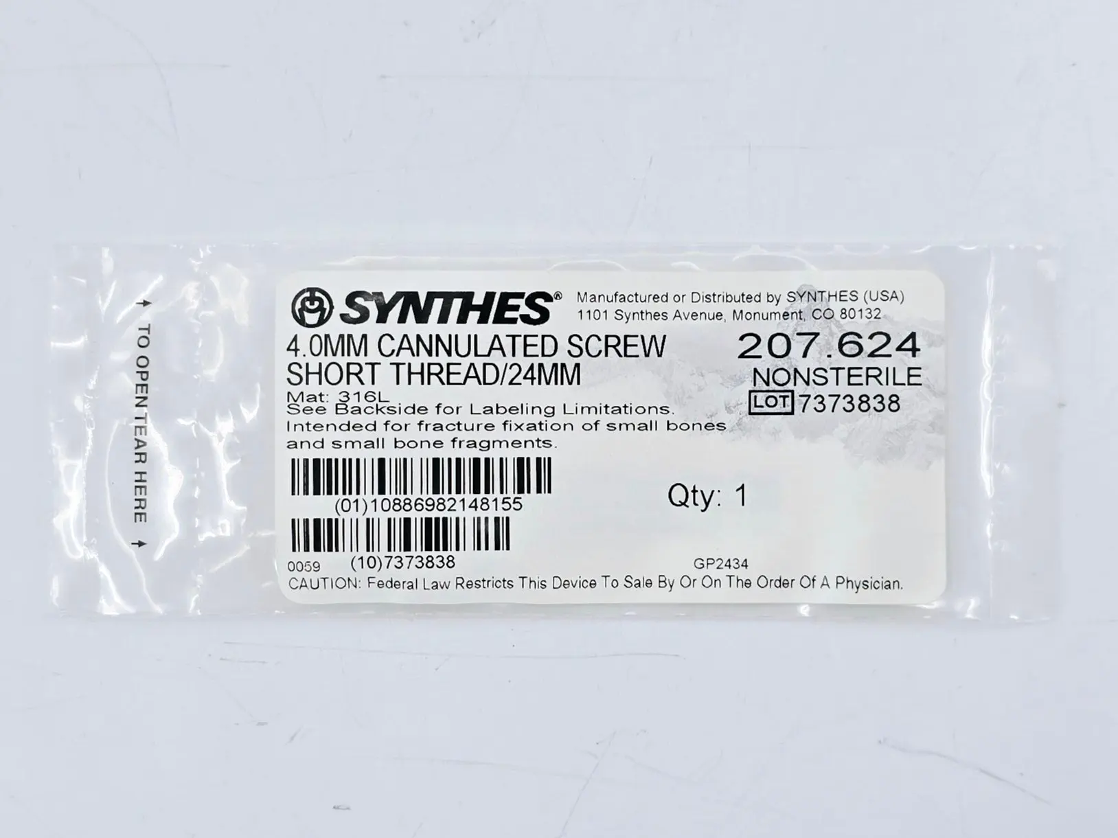 Synthes 207.624 4.0mm Cannulated Screw Short Thread/24mm - Image 2