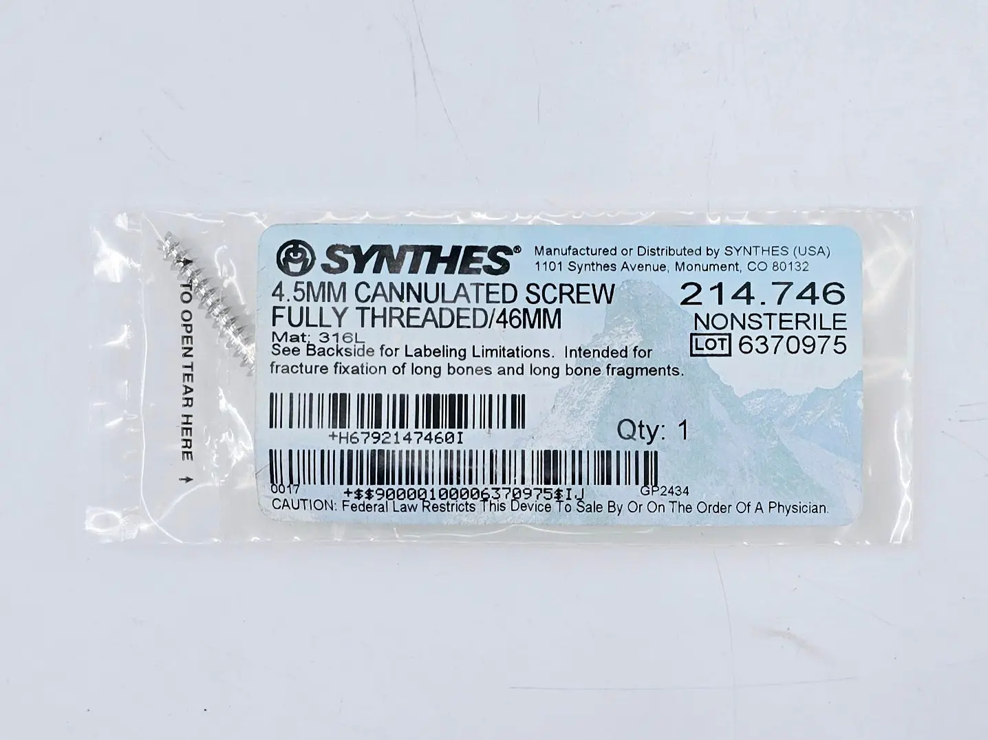 Synthes 214.746 4.5mm Cannulated Screw Fully Threaded/46mm - Image 2