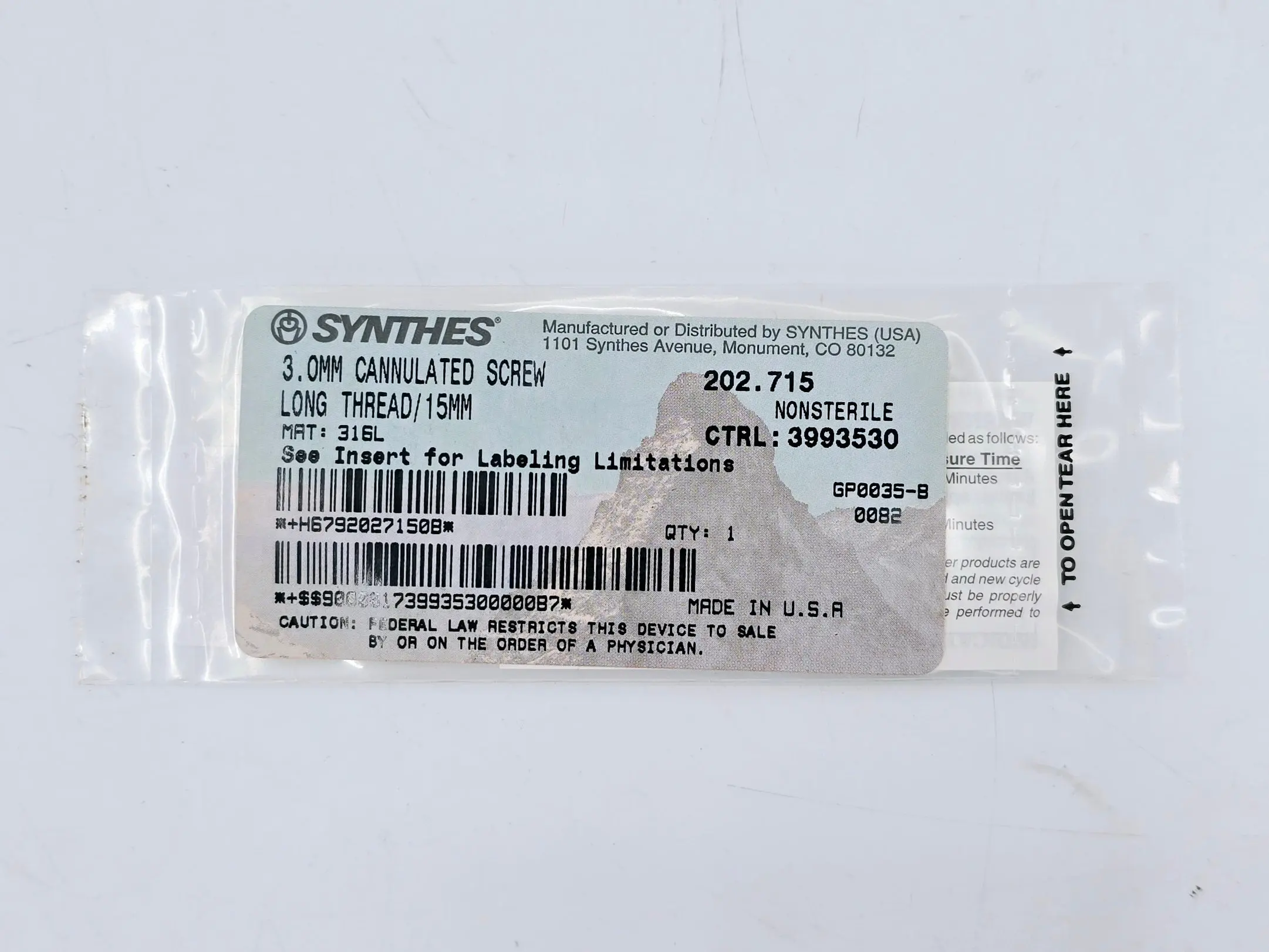 Synthes 202.715 3.0mm Cannulated Screw Long Thread 15mm - Image 2