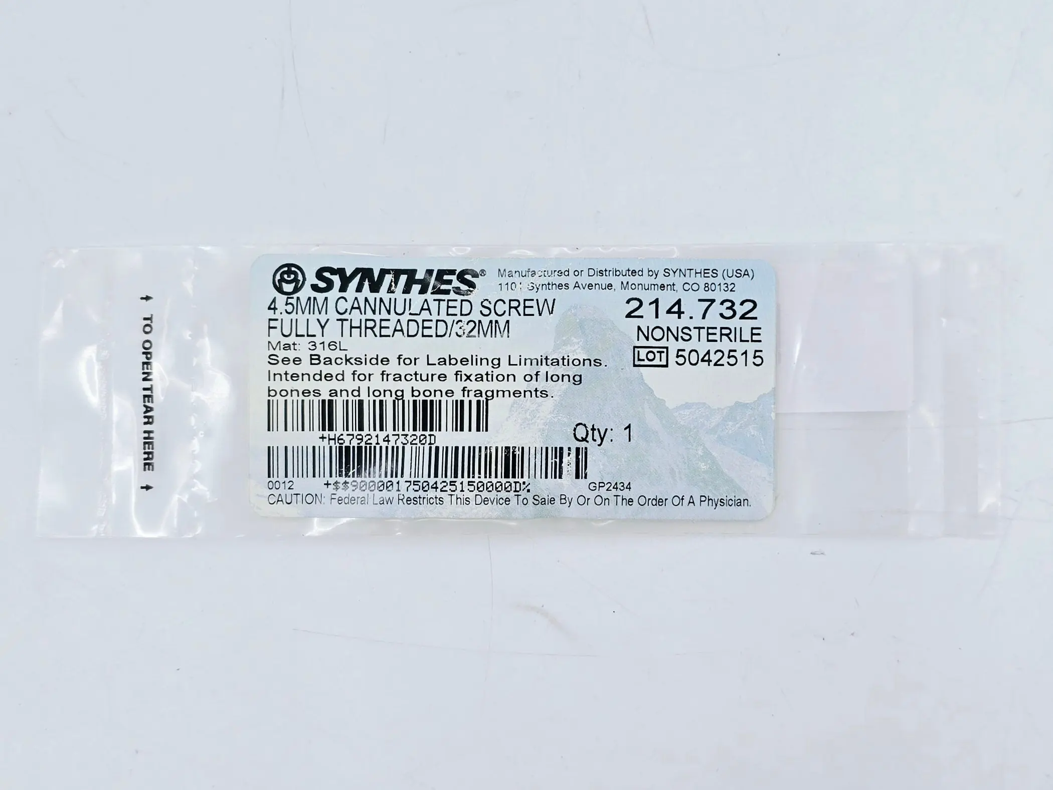 Synthes 214.732 4.5mm Cannulated Screw Fully Threaded/32mm - Image 2