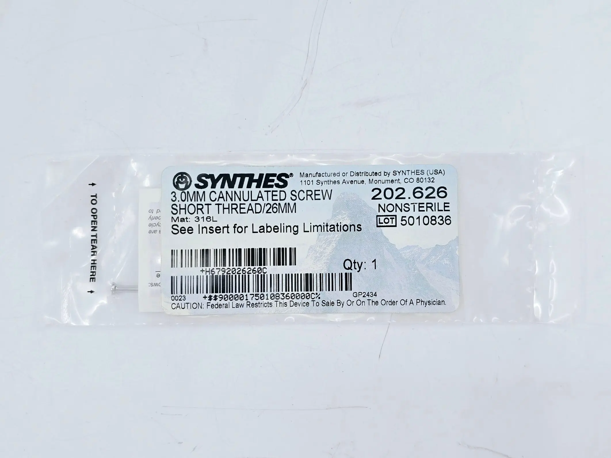Synthes 202.626 3.0mm Cannulated Screw Short Thread/26mm - Image 2