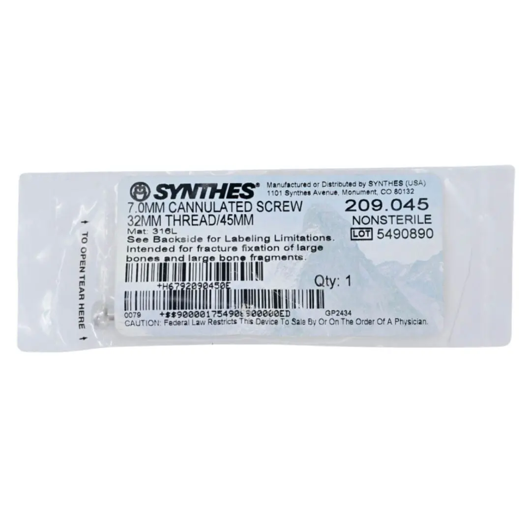 Synthes 209.045 Cannulated Screw 7.0mm x 32mm Thread/45mm 1/EA