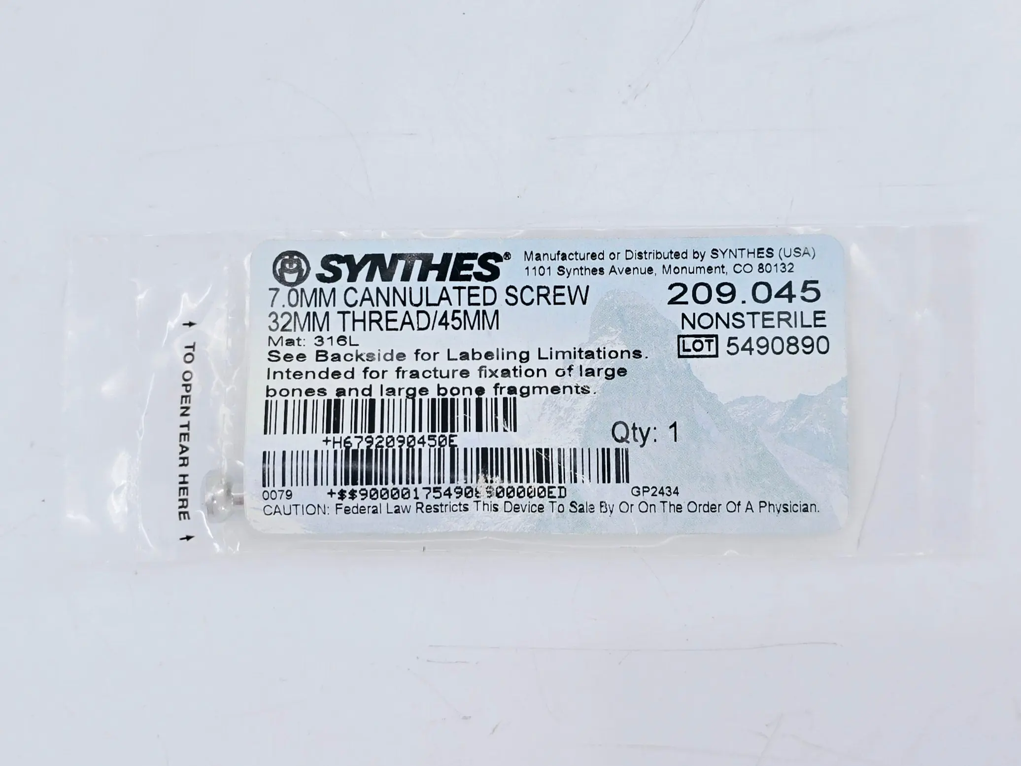 Synthes 209.045 Cannulated Screw 7.0mm x 32mm Thread/45mm 1/EA - Image 2