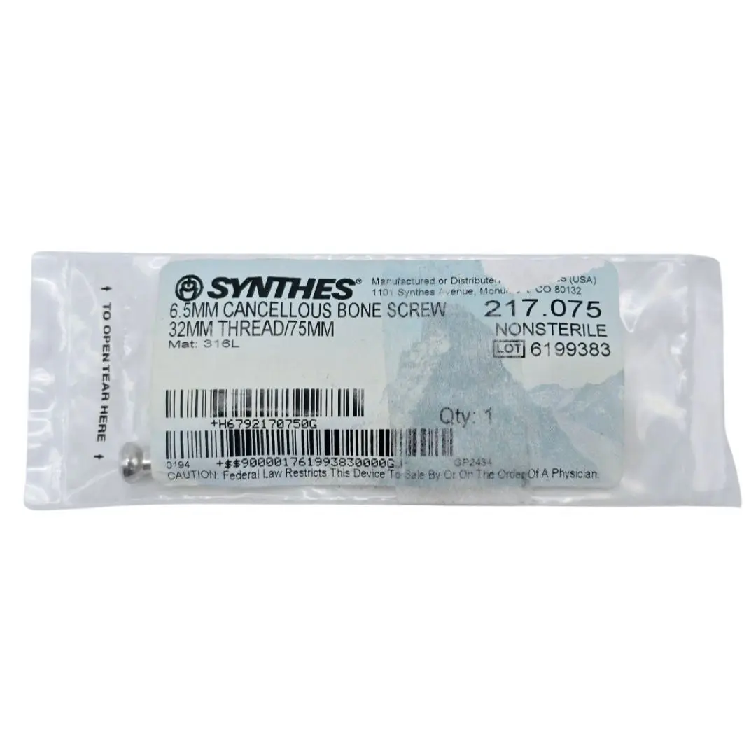 Synthes 217.075 6.5mm Cancellous Bone Screw 32mm Thread/75mm