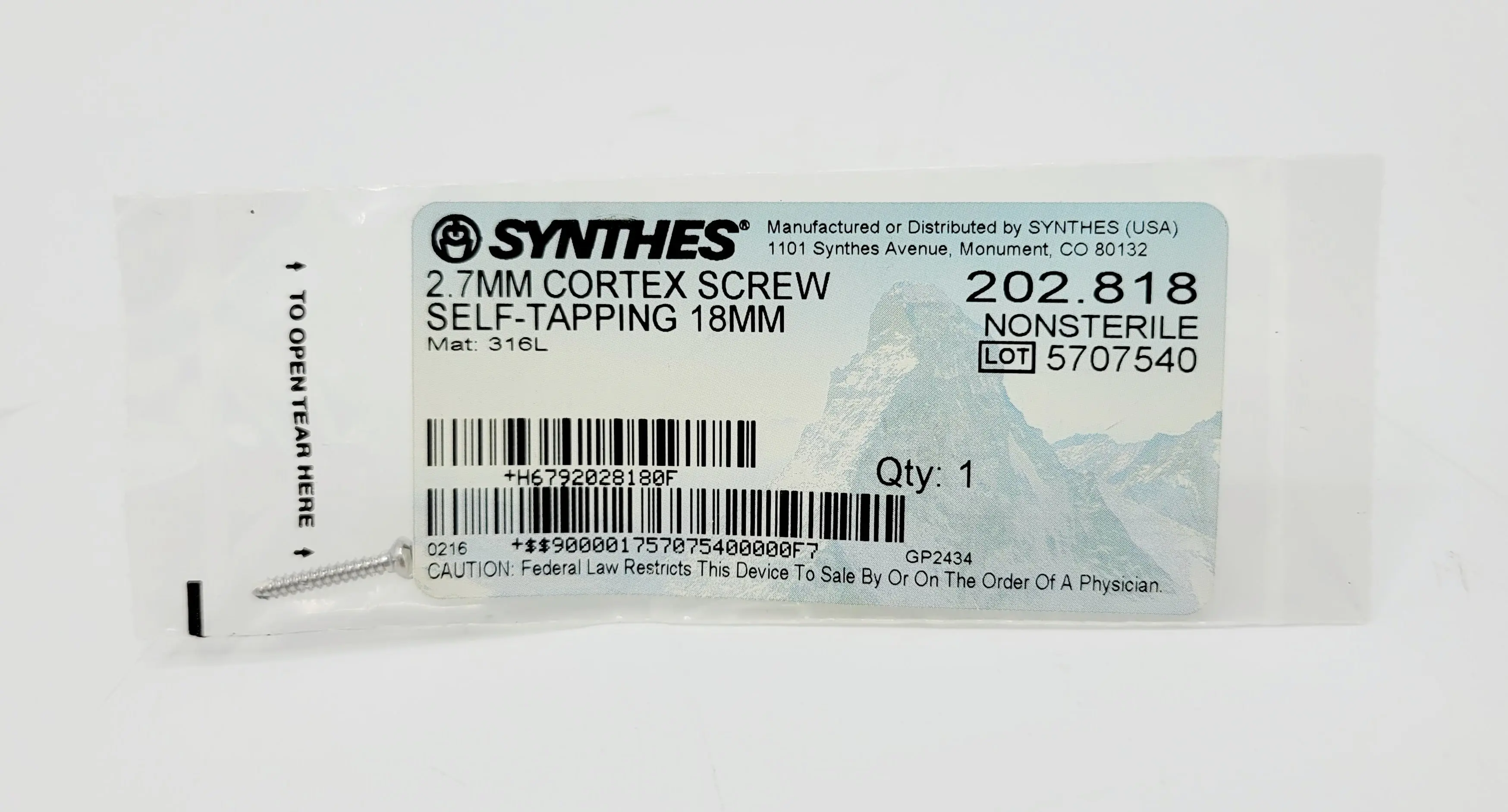 Synthes 202.818 2.7mm Cortex Screw Self-tapping 18mm - Image 2