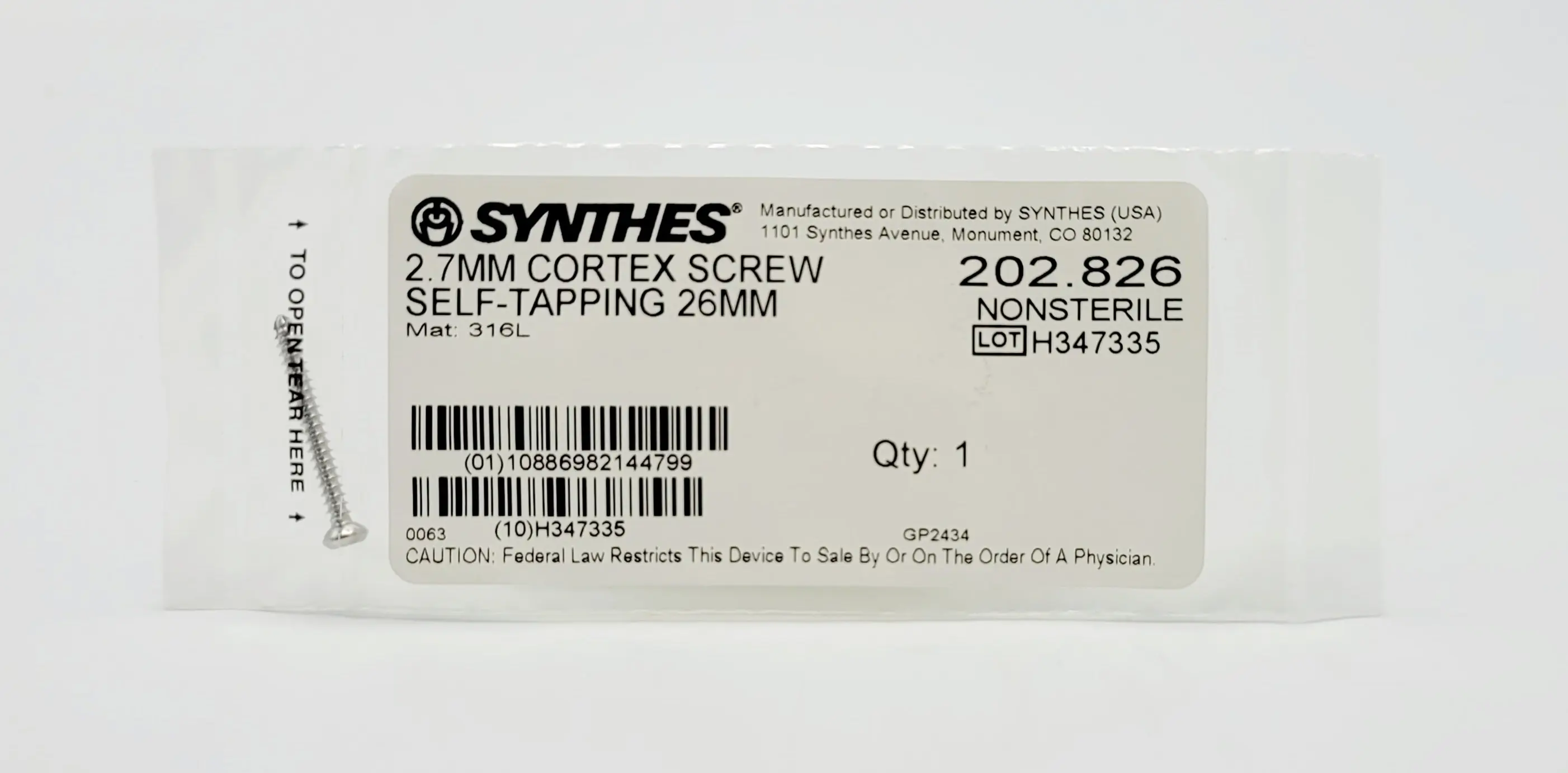 Synthes 202.826 2.7mm Cortex Screw Self-Tapping 26mm Orthopedic Hardware - Image 2