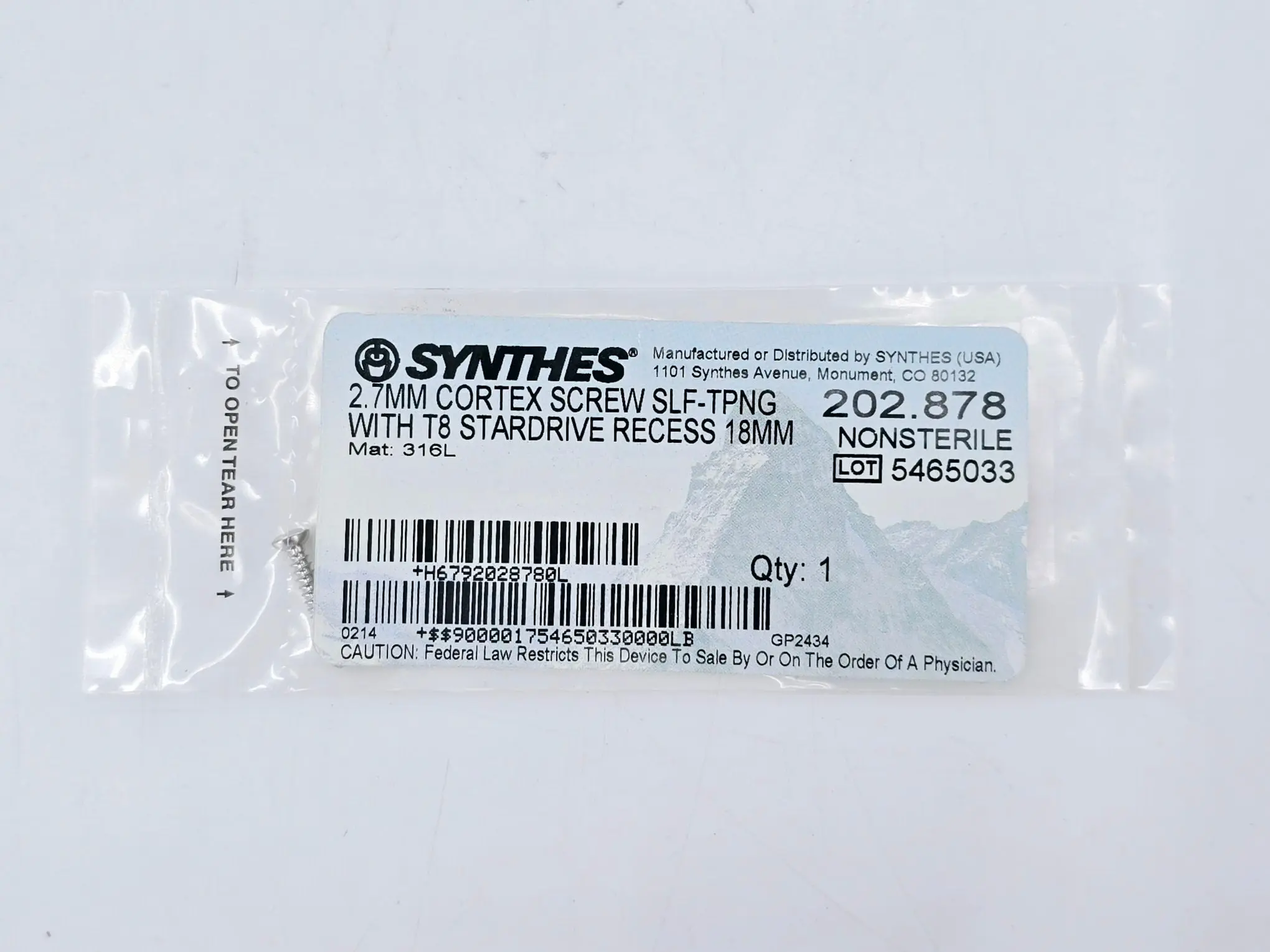 Synthes 202.878 2.7mm Cortex Screw Self-Tapping w/ T8 Stardrive Recess 18mm - Image 2