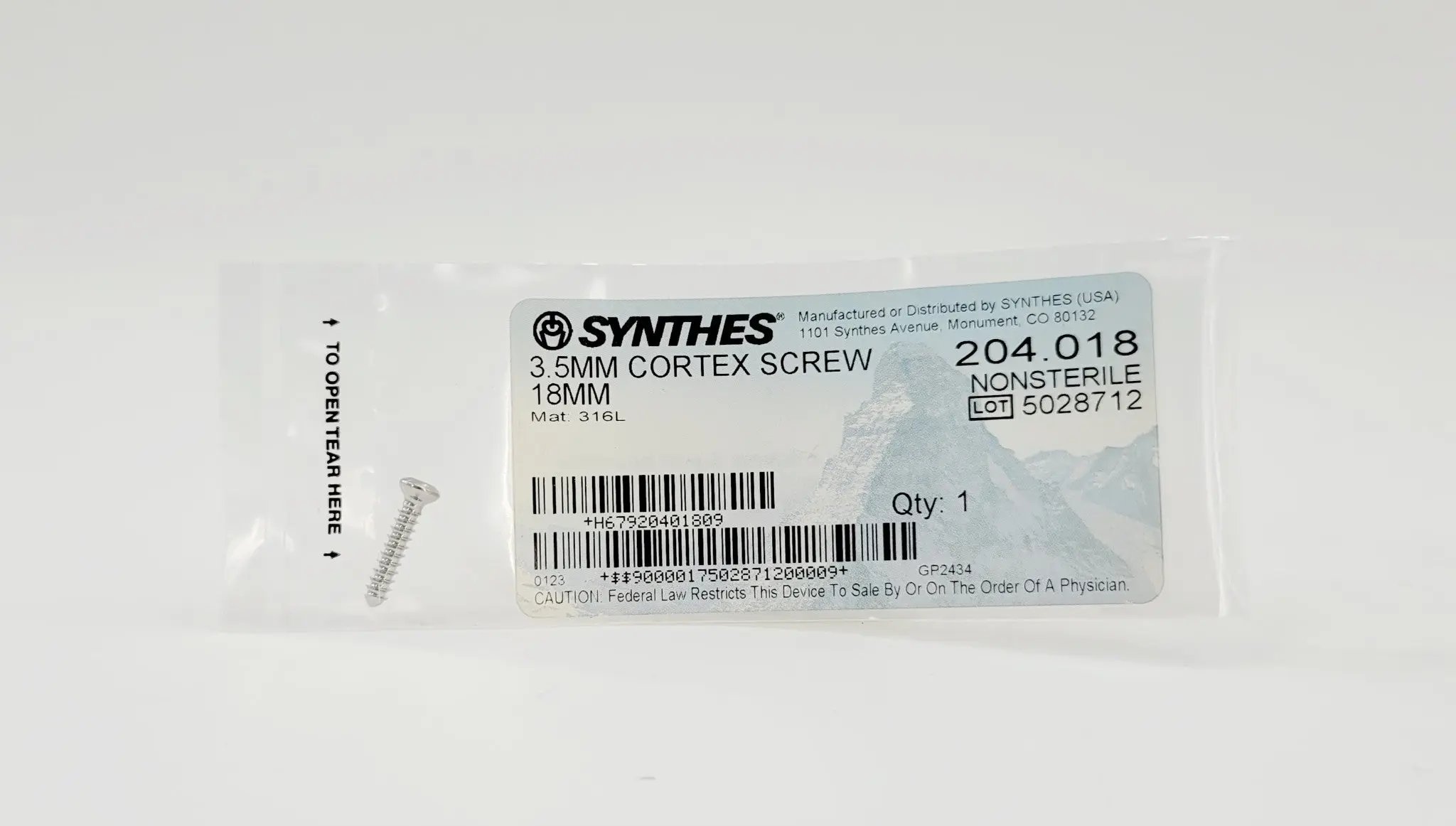 Synthes 204.018 3.5mm Cortex Screw 18mm - Image 2