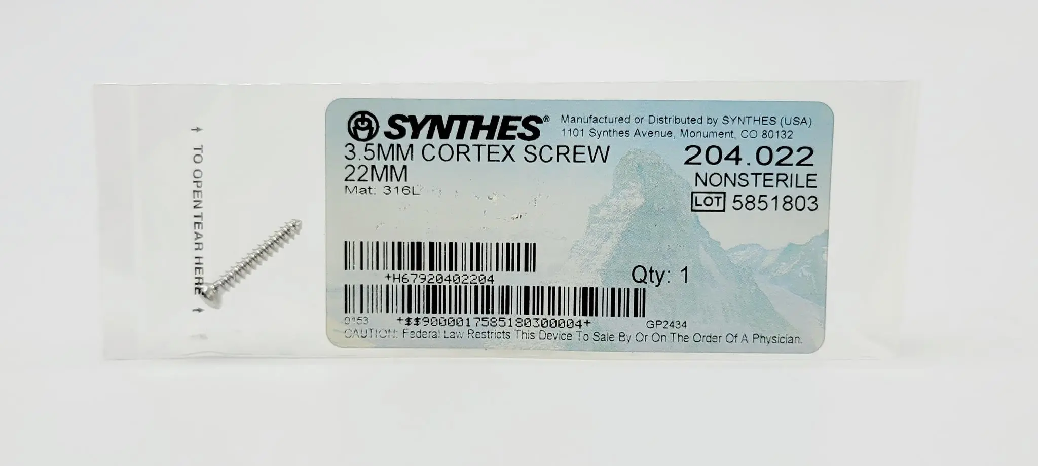 Synthes 204.022 Cortex Screw 3.5mm x 22mm 1/EA - Image 2