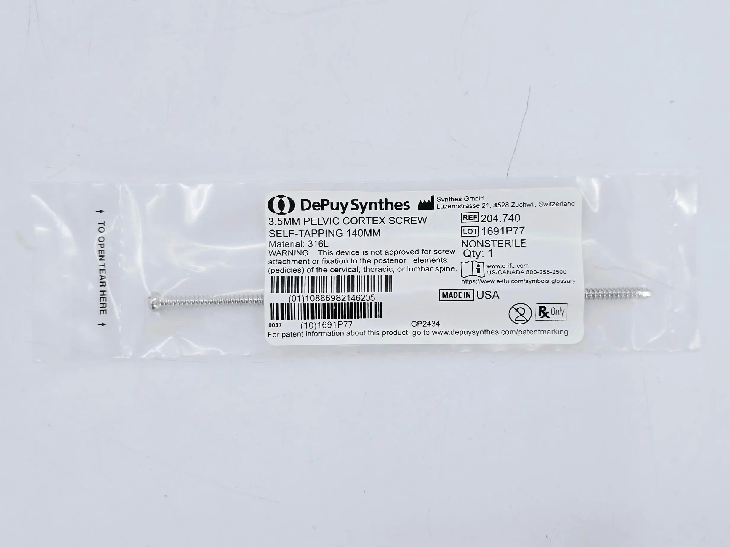 Synthes 204.740 3.5mm Pelvic Cortex Screw Self-Tapping 140mm - Image 2