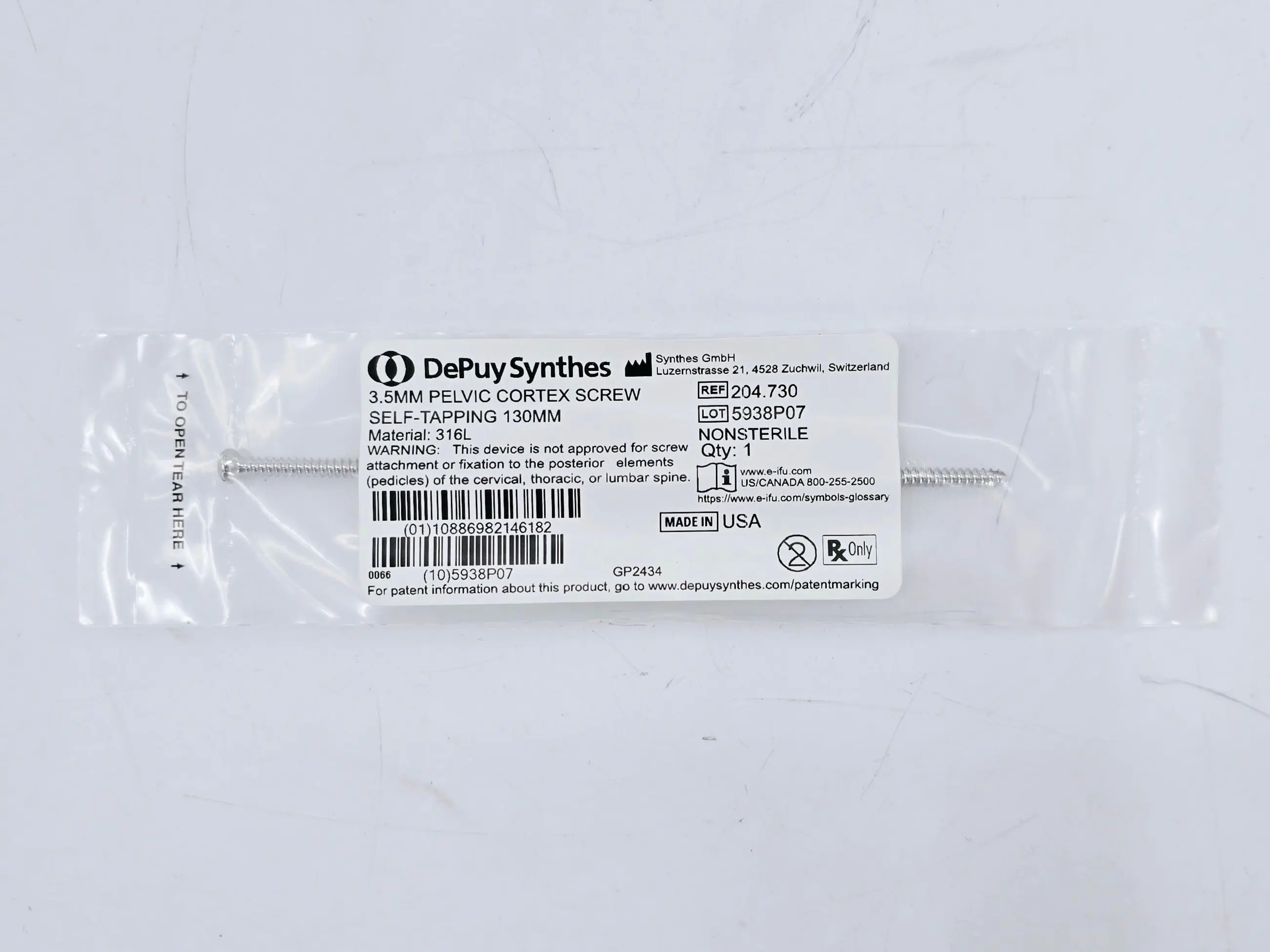 Synthes 204.730 3.5mm Pelvic Cortex Screw Self-Tapping 130mm - Image 2
