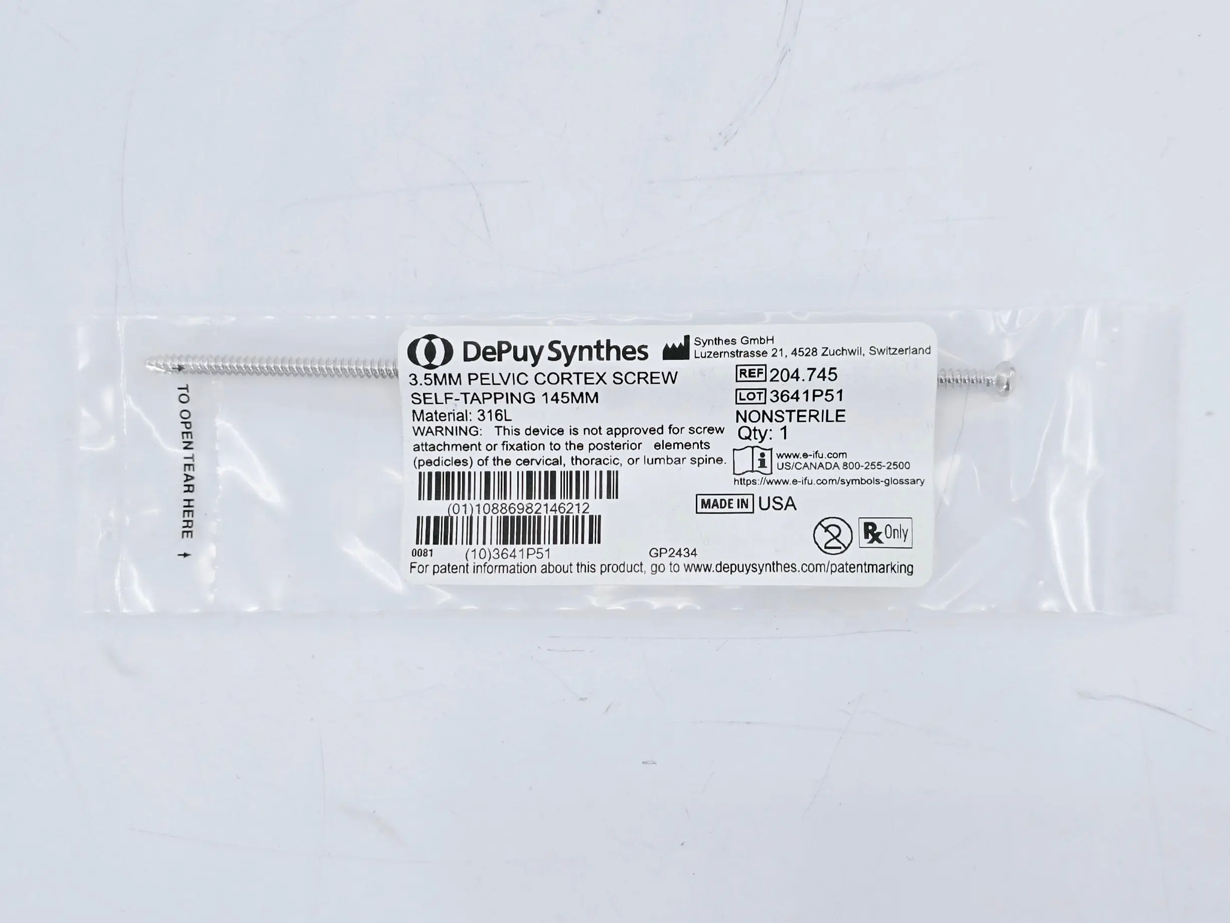 Synthes 204.745 3.5mm Pelvic Cortex Screw Self-Tapping 145mm - Image 2