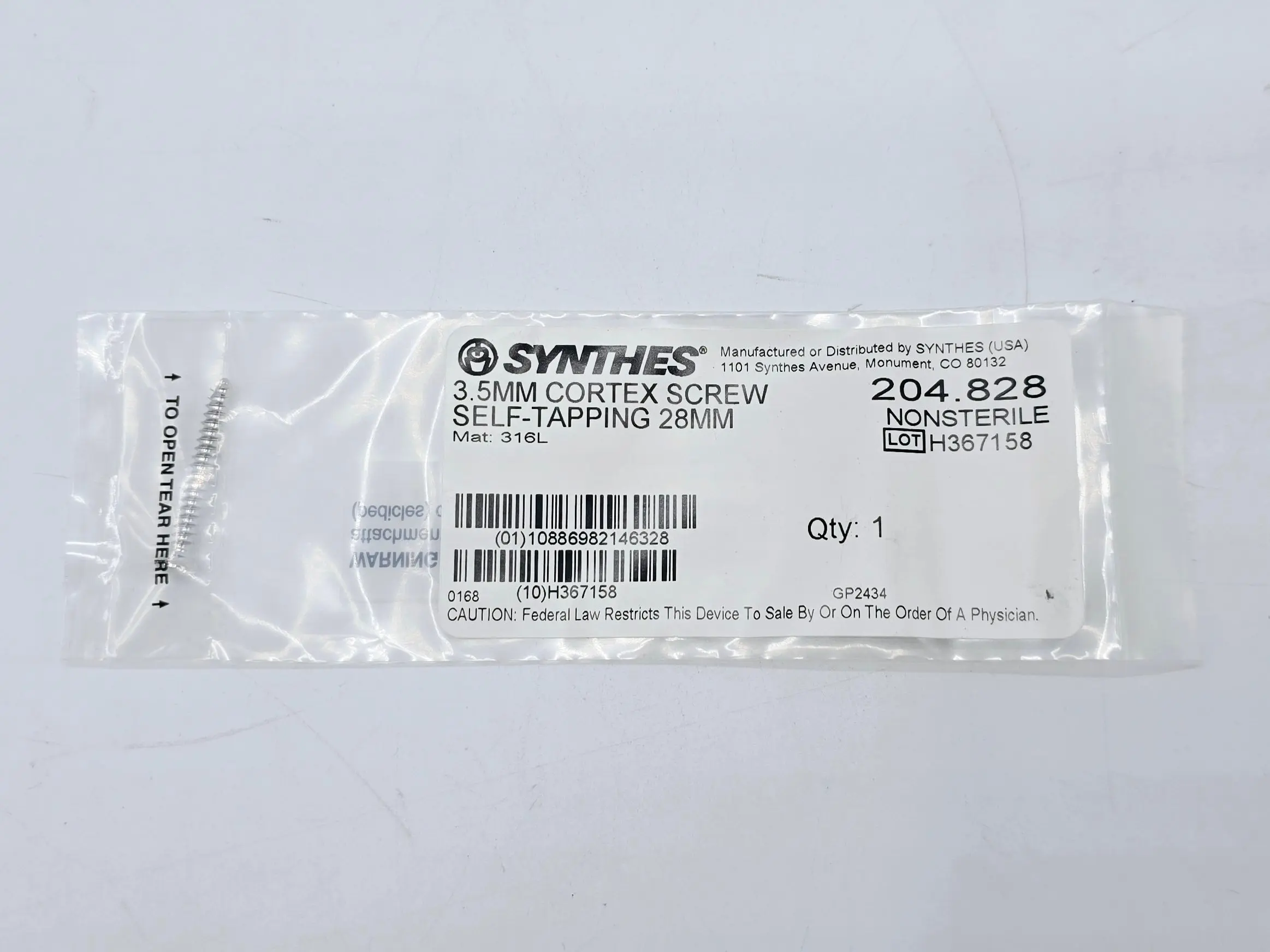 Synthes 204.828 3.5mm Cortex Screw Self-Tapping 28mm - Image 2