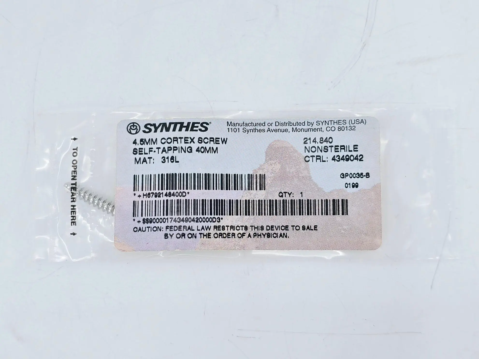 Synthes 214.840 4.5mm Cortex Screw Self-Tapping 40mm - Image 2