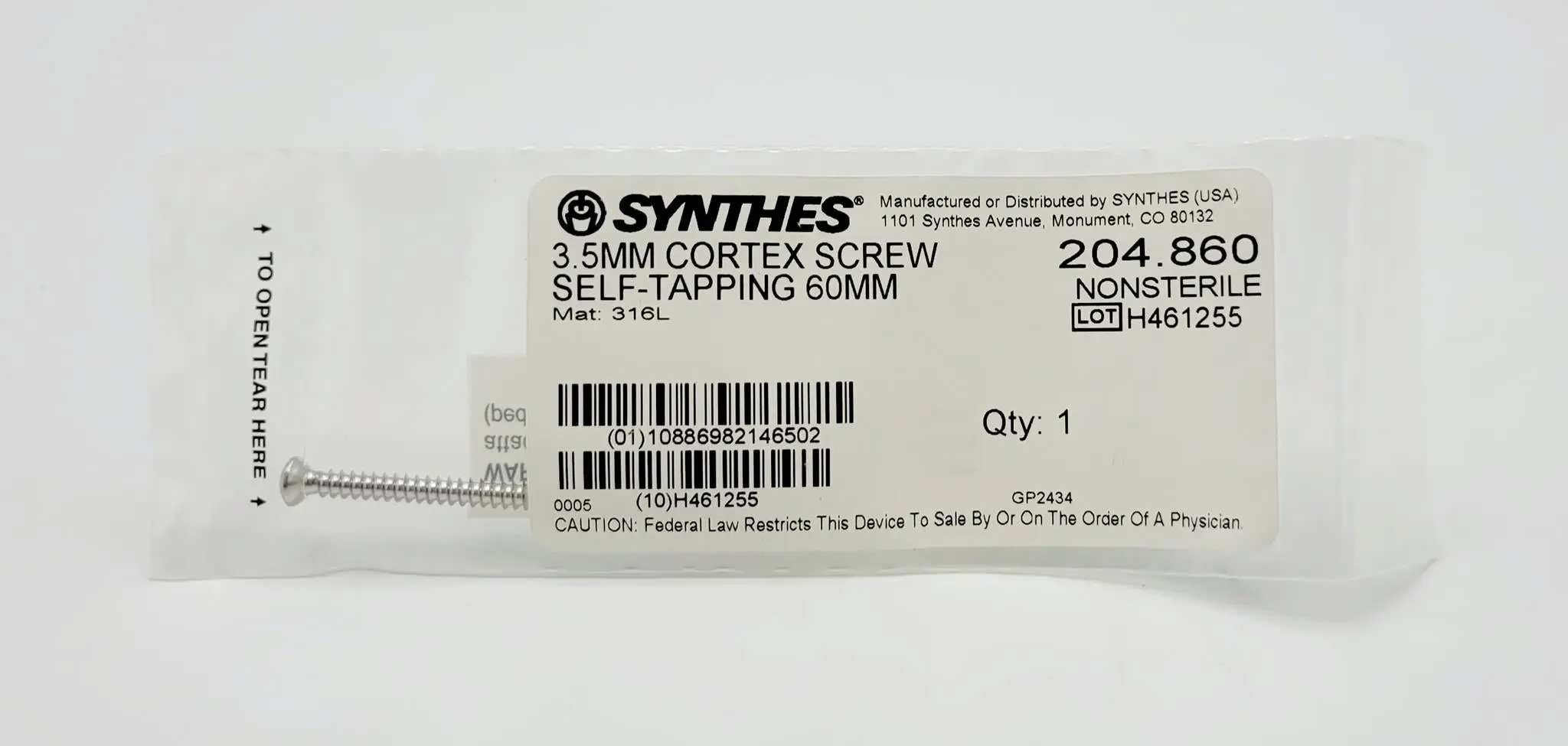 Synthes 204.860 3.5mm Cortex Screw Self-Tapping 60mm - Image 2