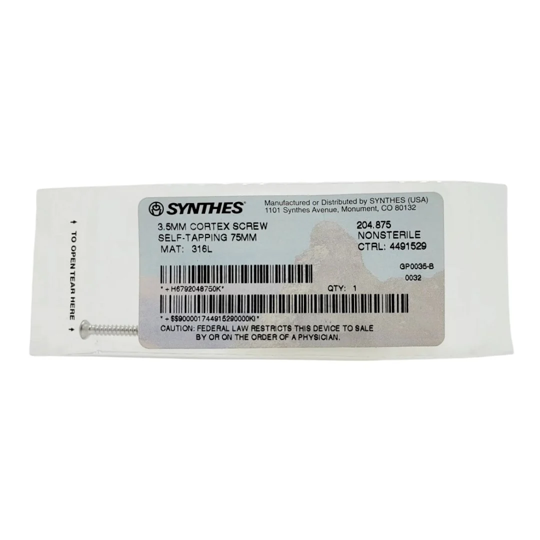Synthes 204.875 3.5mm Cortex Screw Self-Tapping 75mm Orthopedic Hardware