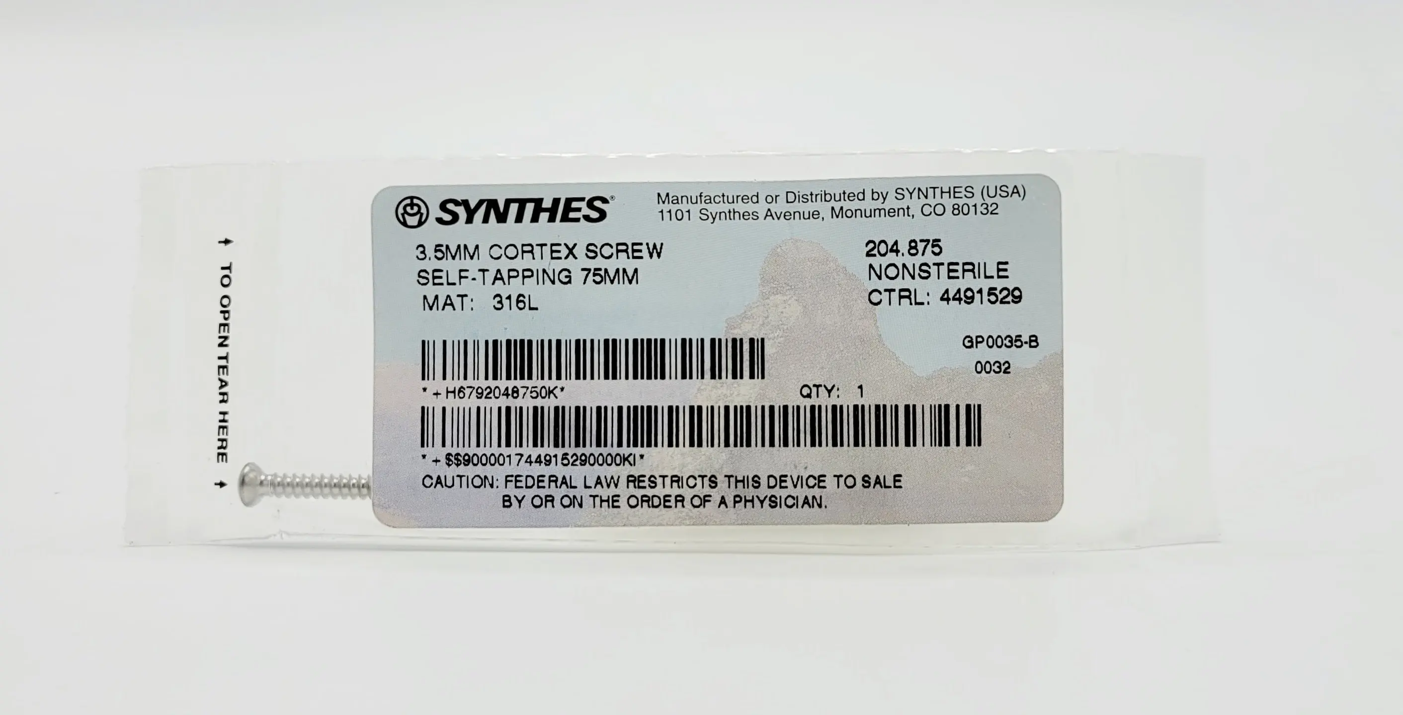 Synthes 204.875 3.5mm Cortex Screw Self-Tapping 75mm Orthopedic Hardware - Image 2