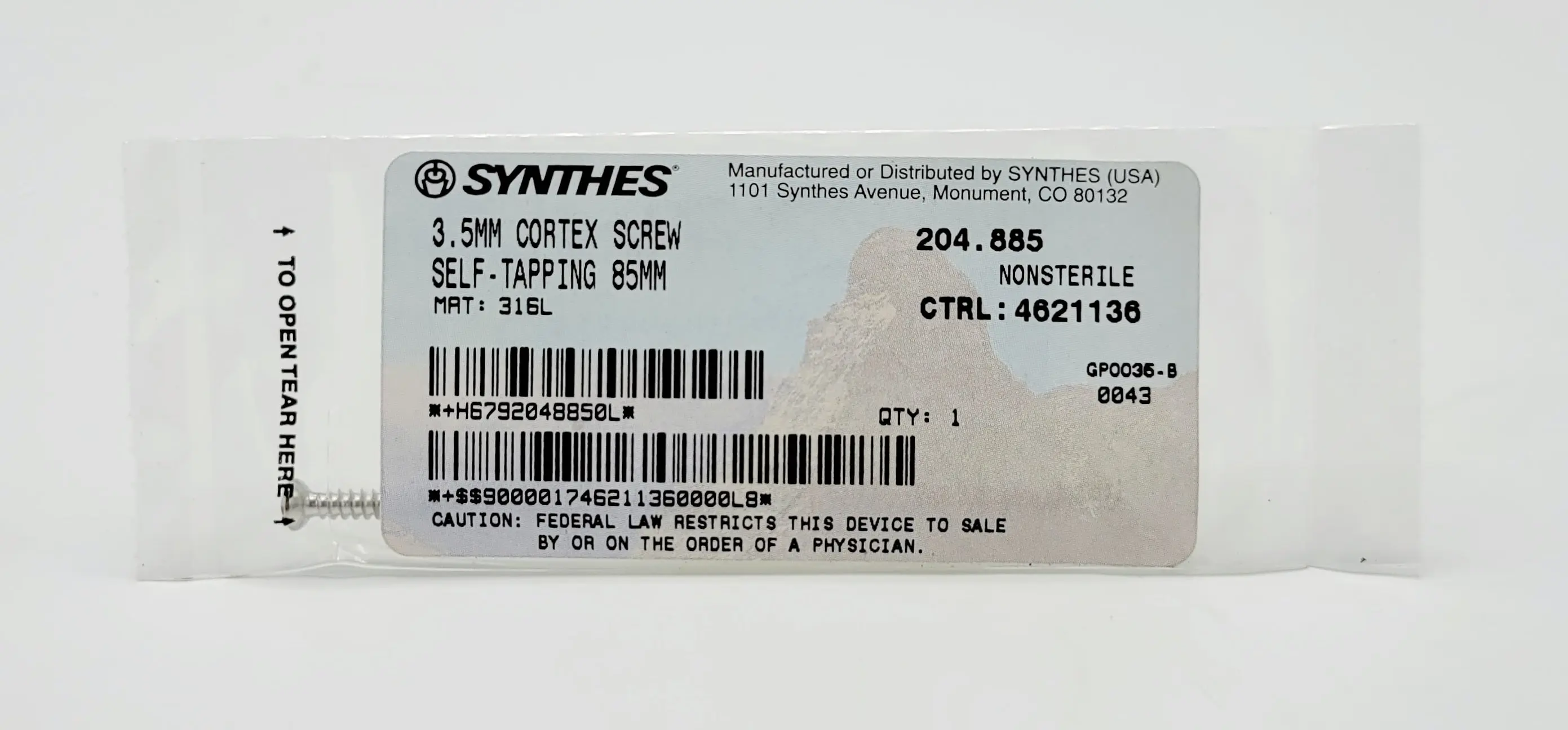 Synthes 204.885 3.5mm cortex screw self-tapping 85mm orthopedic hardware - Image 2