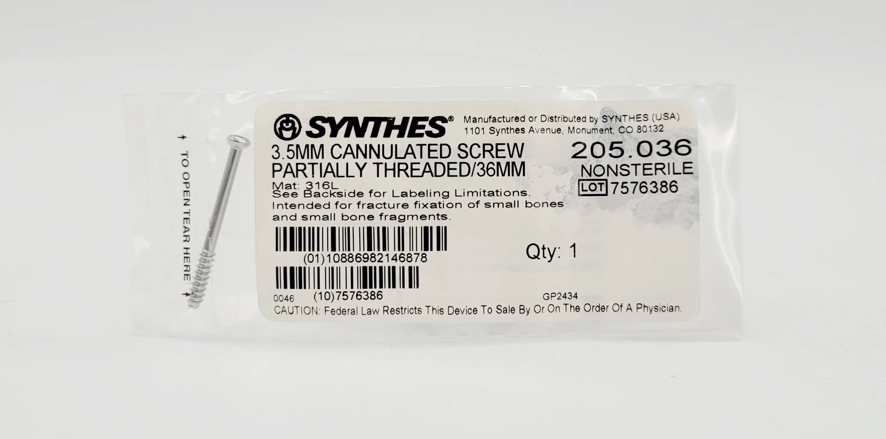 Synthes 205.036 3.5mm Cannulated Screw Partially Threaded/36mm - Image 2