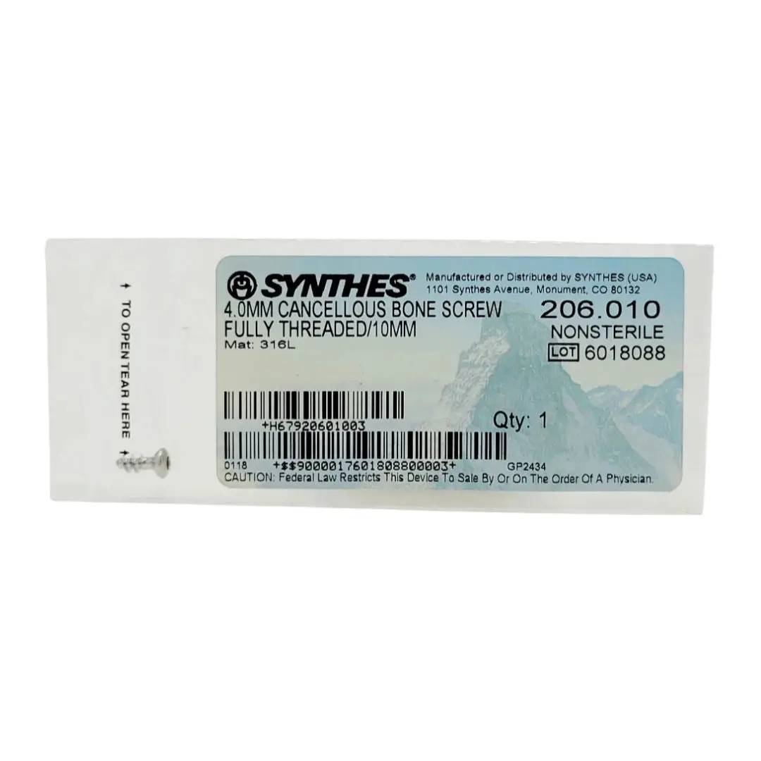 Synthes 206.010 4.0MM Cancellous Bone Screw Fully Threaded 10mm