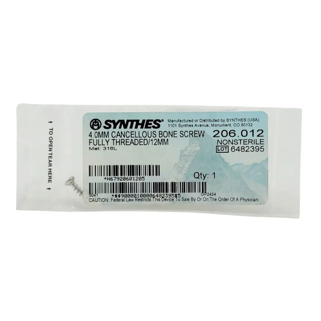 Synthes 206.012 4.0MM Cancellous Bone Screw Fully Threaded 12mm