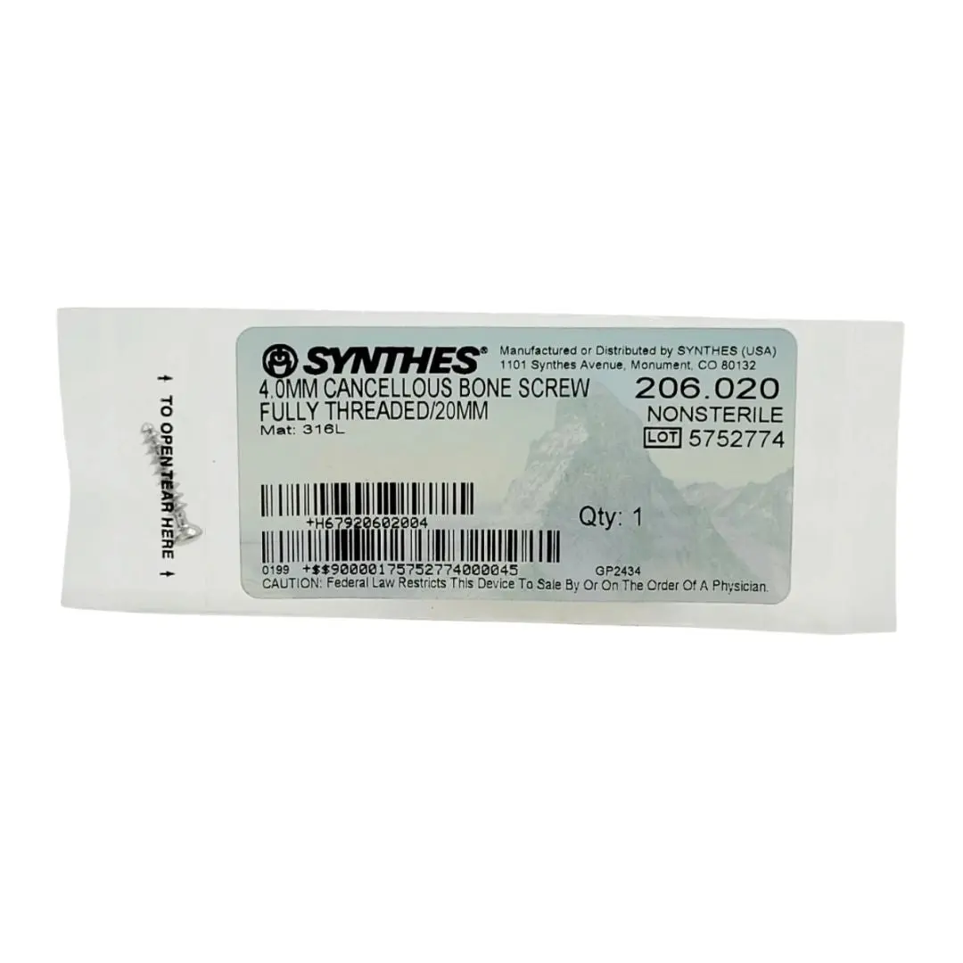 Synthes 206.020 4.0mm Cancellous Bone Screw Fully Threaded 20mm