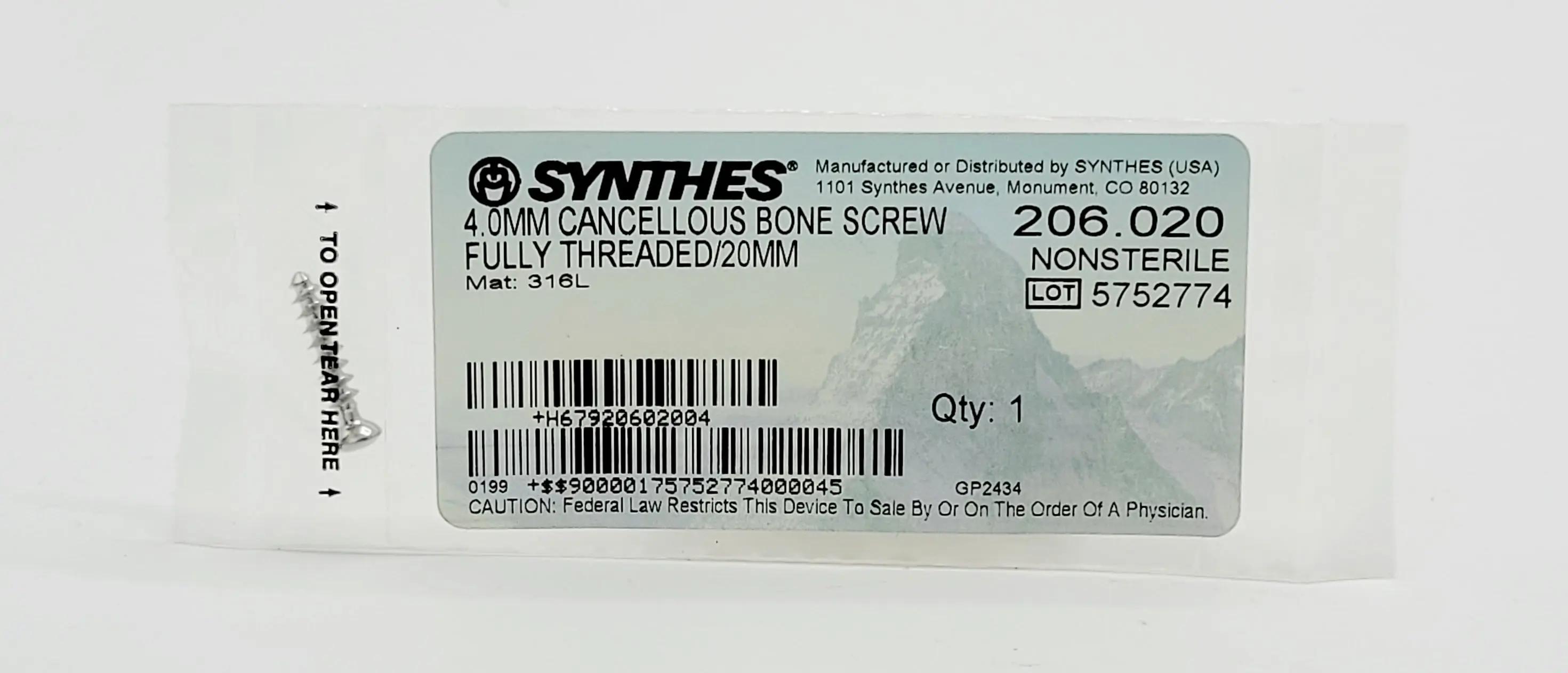 Synthes 206.020 4.0mm Cancellous Bone Screw Fully Threaded 20mm - Image 2