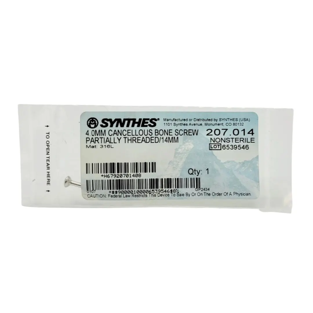 Synthes 207.014 4.0mm Cancellous Bone Screw Partially Threaded/14mm
