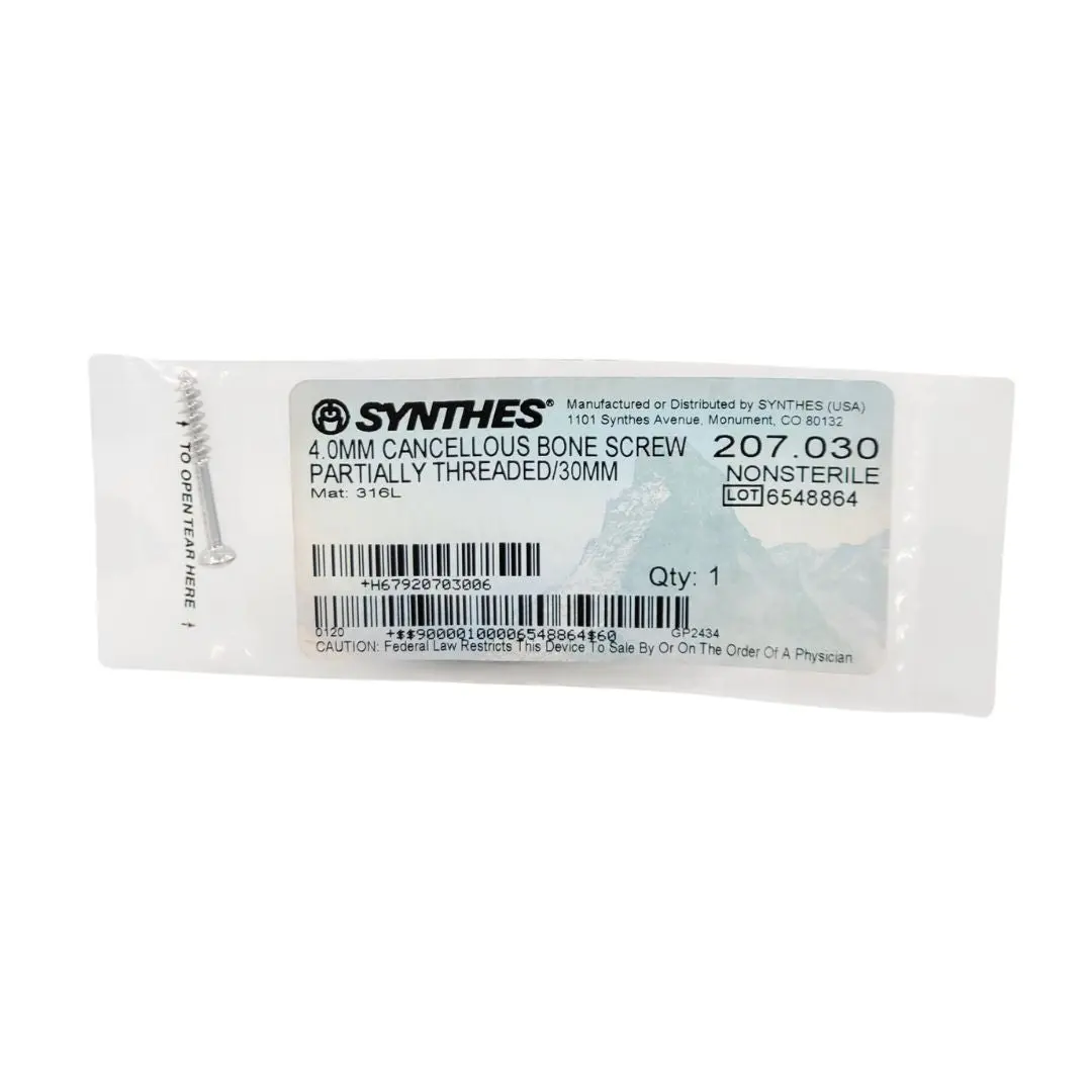 Synthes 207.030 4.0mm Cancellous Bone Screw Partially Threaded 30mm