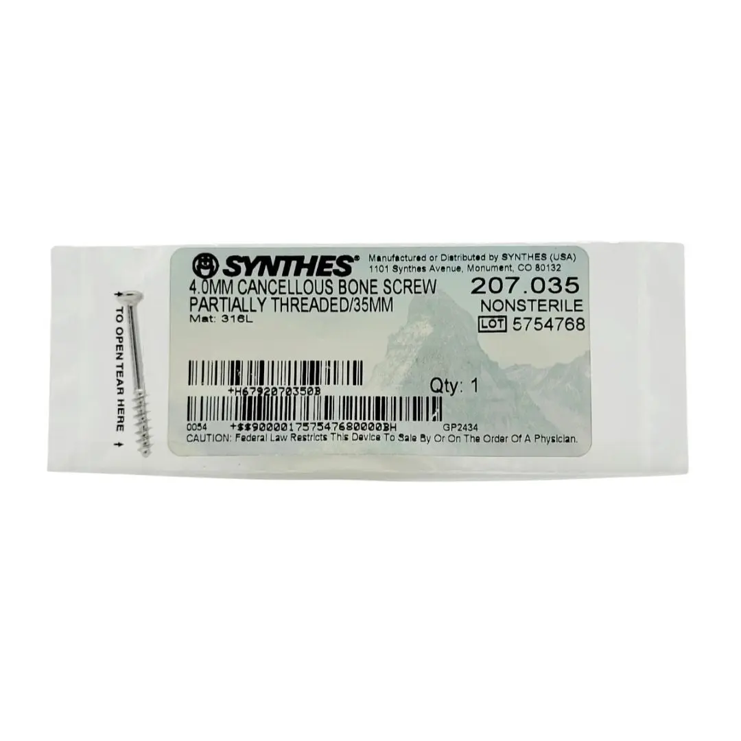 Synthes 207.035 4.0mm Cancellous Bone Screw Partially Threaded 35mm