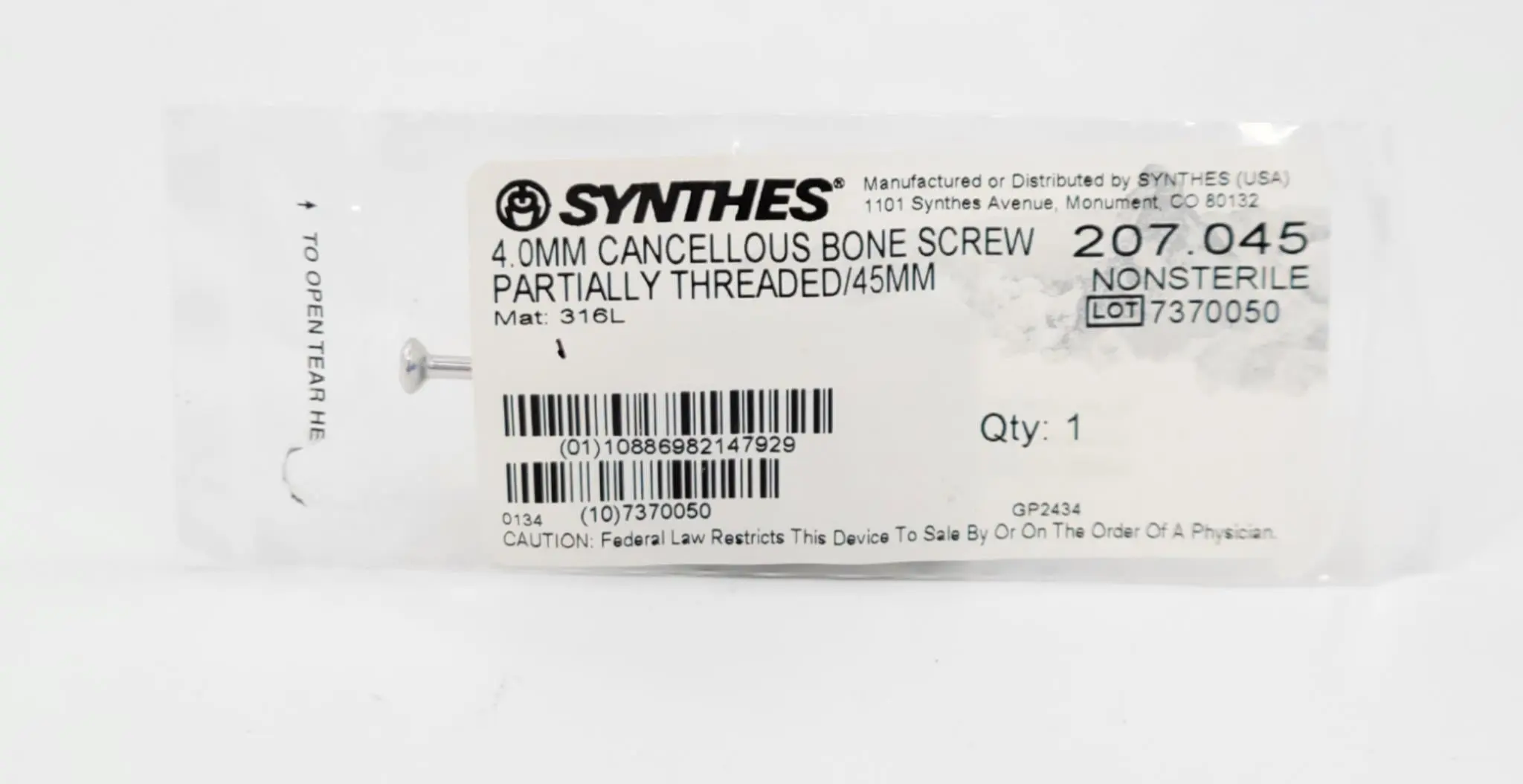 Synthes 207.045 4.0mm Cancellous Bone Screw Partially Threaded 45mm - Image 3