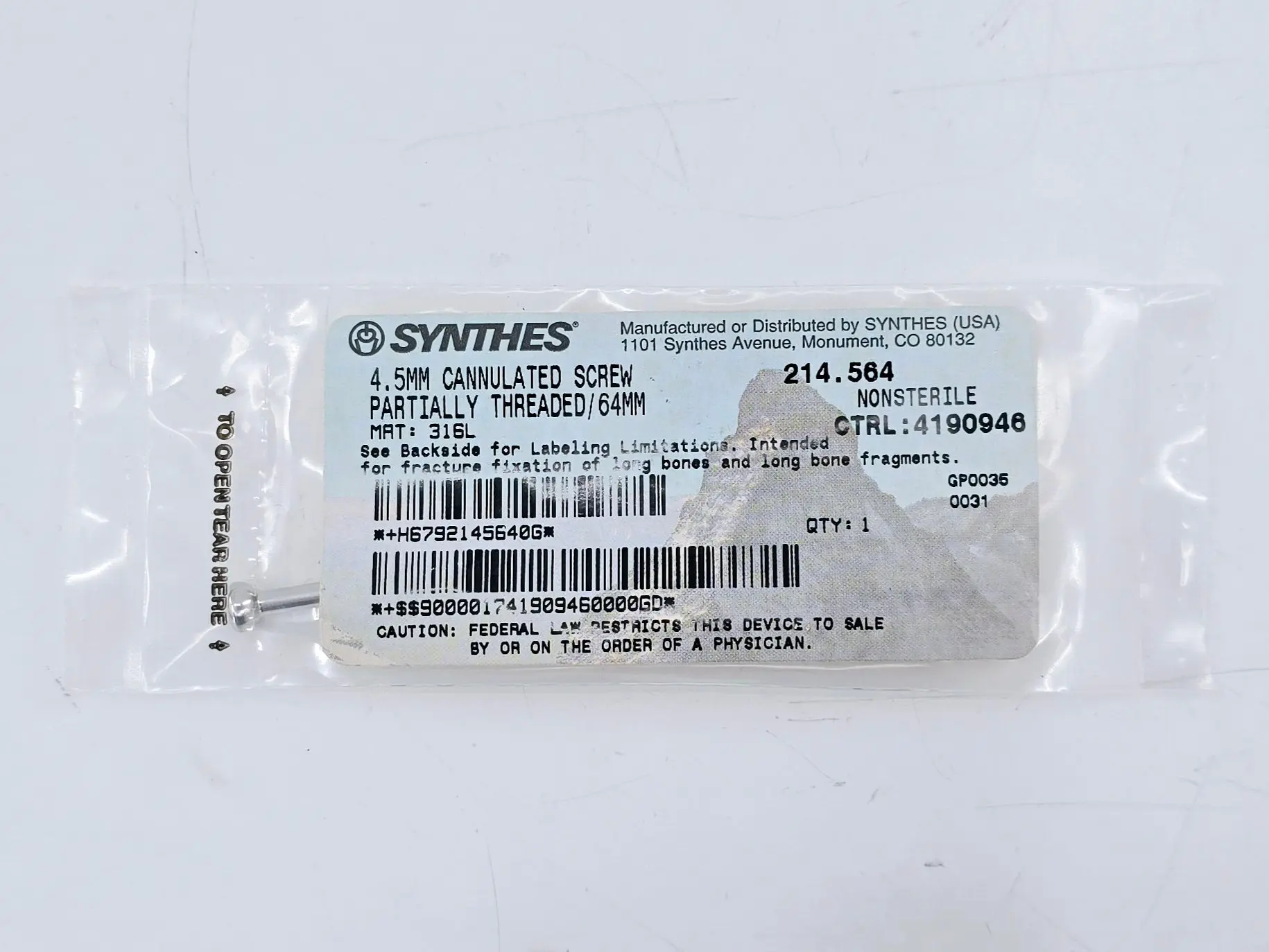 Synthes 214.564 4.5mm Cannulated Screw Partially Threaded/64mm - Image 2