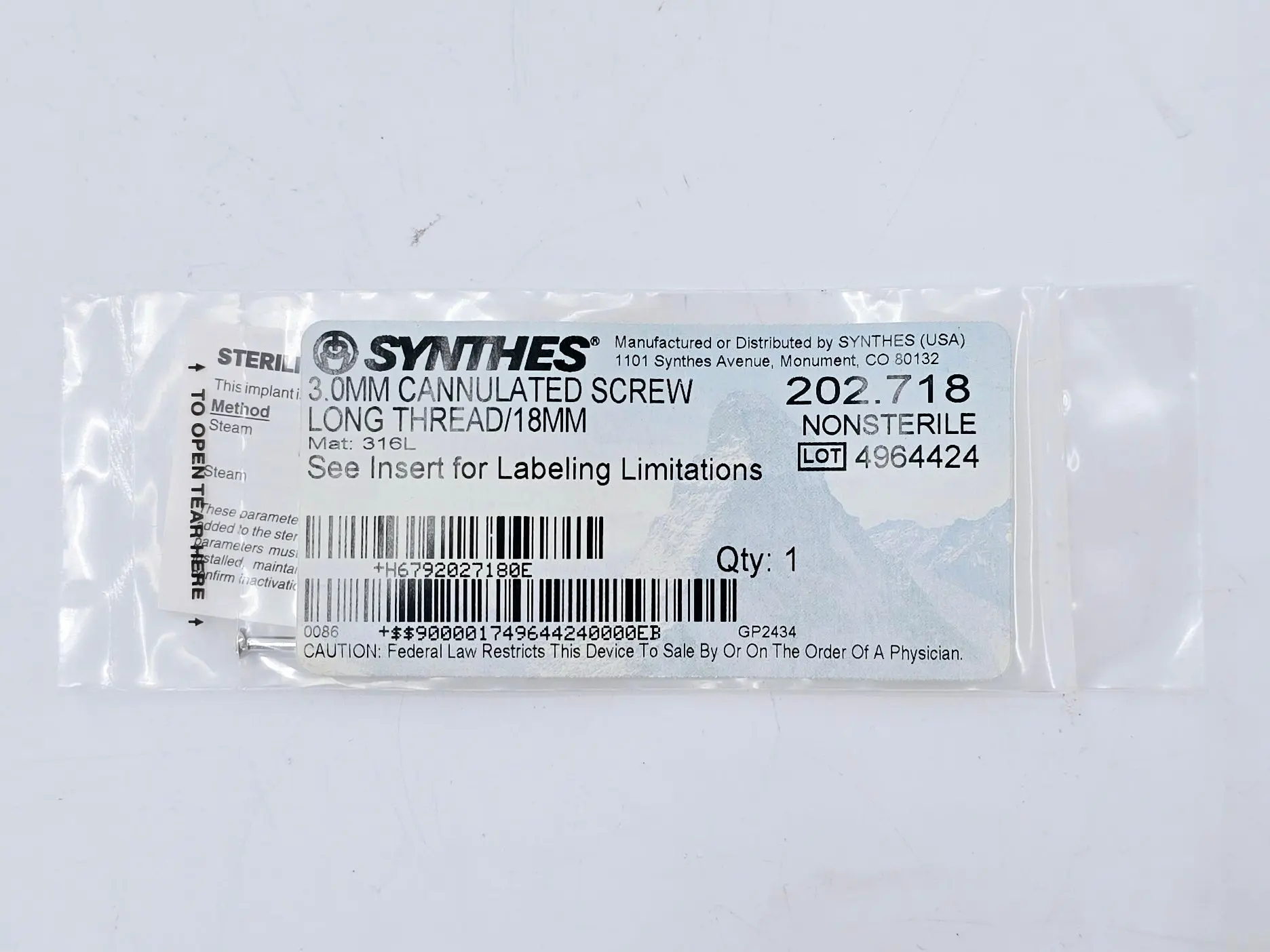 Synthes 202.718 3.0mm Cannulated Screw Long Thread/18mm - Image 2