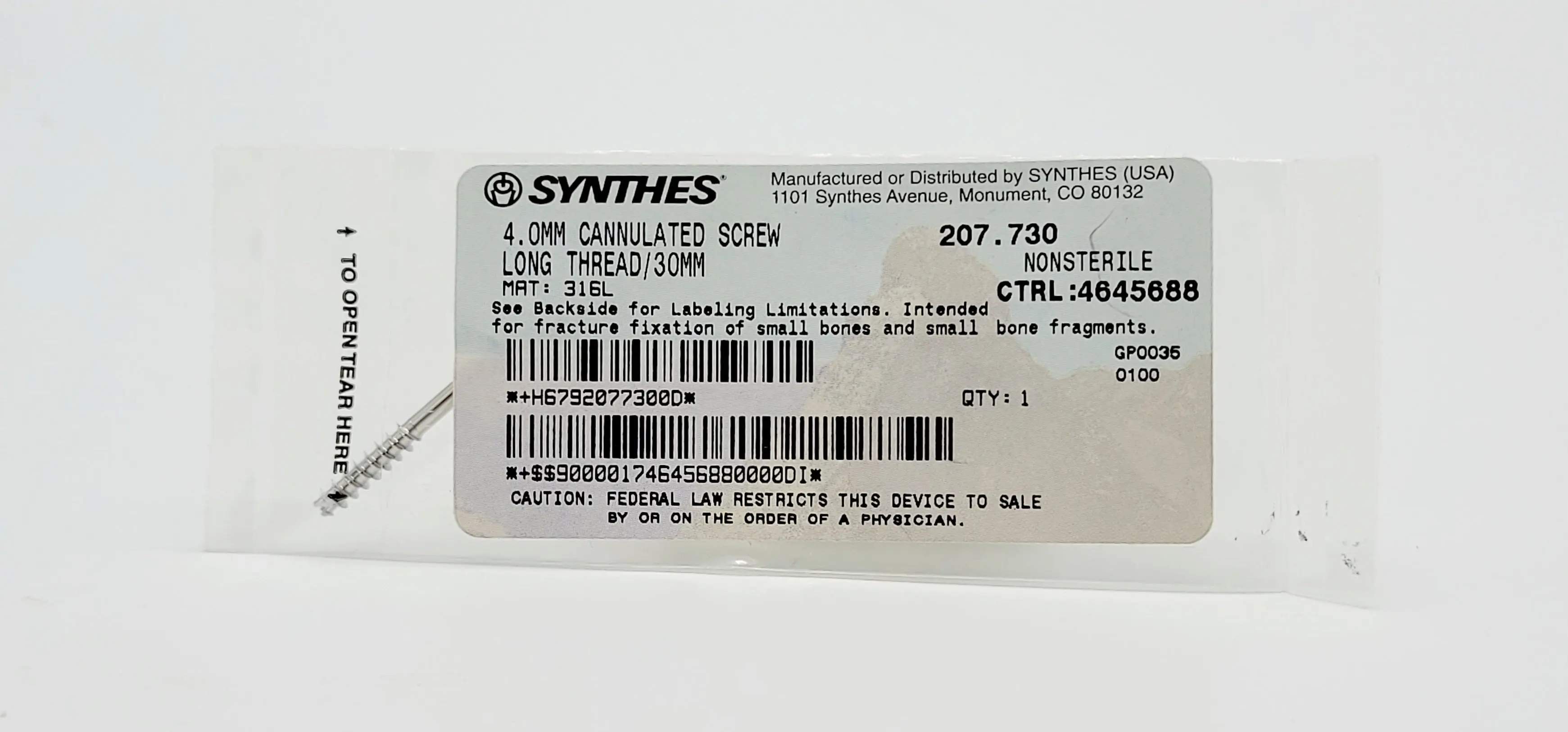 Synthes 207.730 4.0mm Cannulated Screw Long Thread 30mm - Image 2