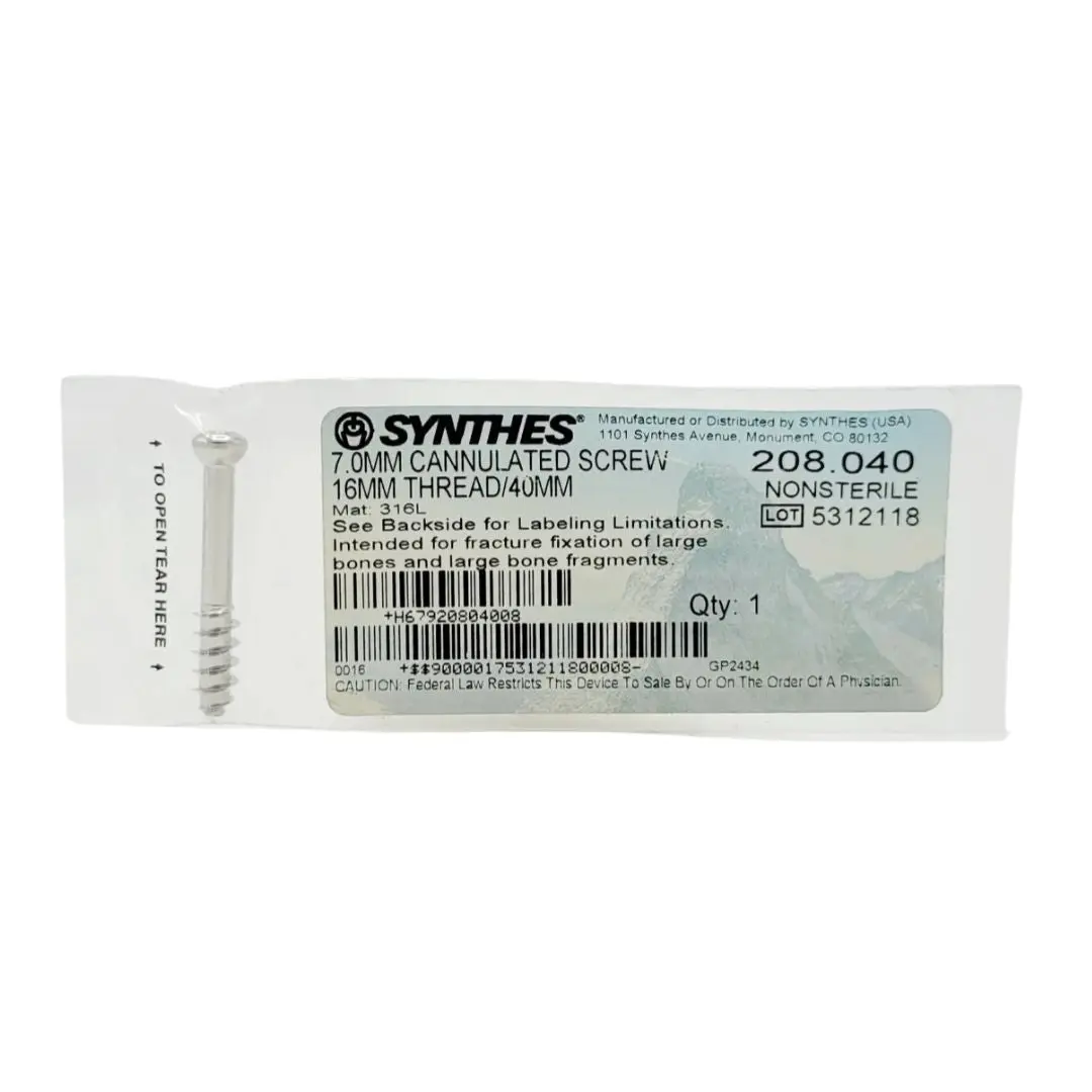 Synthes 208.040 7.0mm Cannulated Screw 16mm Thread 40mm