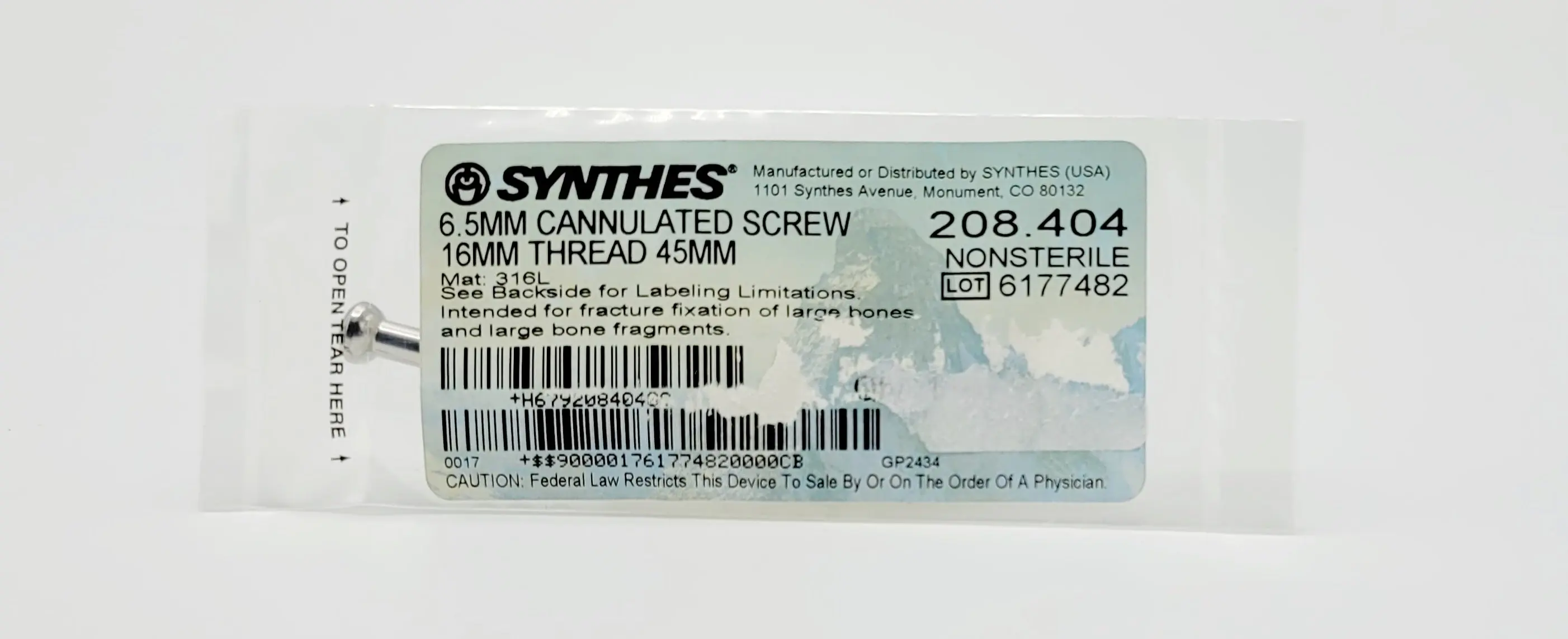 Synthes 208.404 6.5mm Cannulated Screw 16mm Thread 45mm Orthopedic Hardware - Image 2