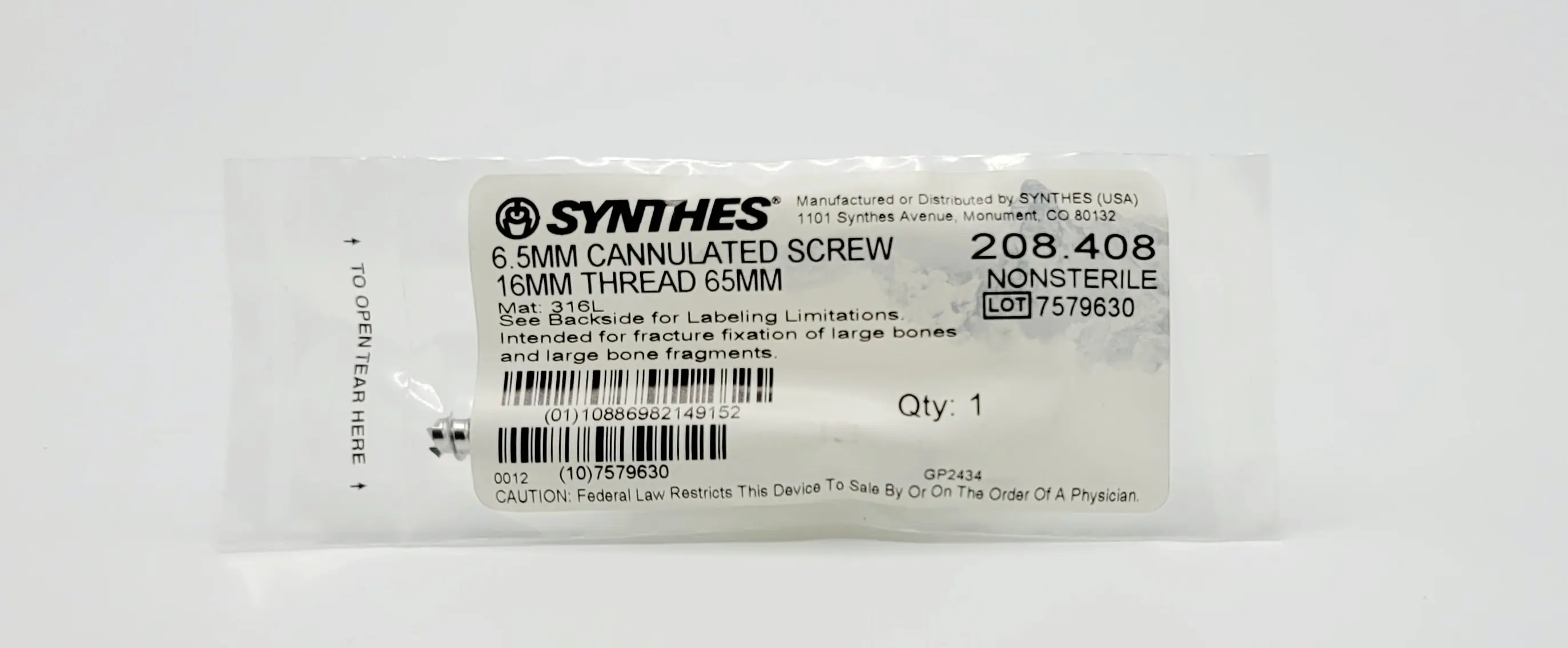 Synthes 208.408 6.5mm Cannulated Screw 16mm Thread 65mm Orthopedic Hardware