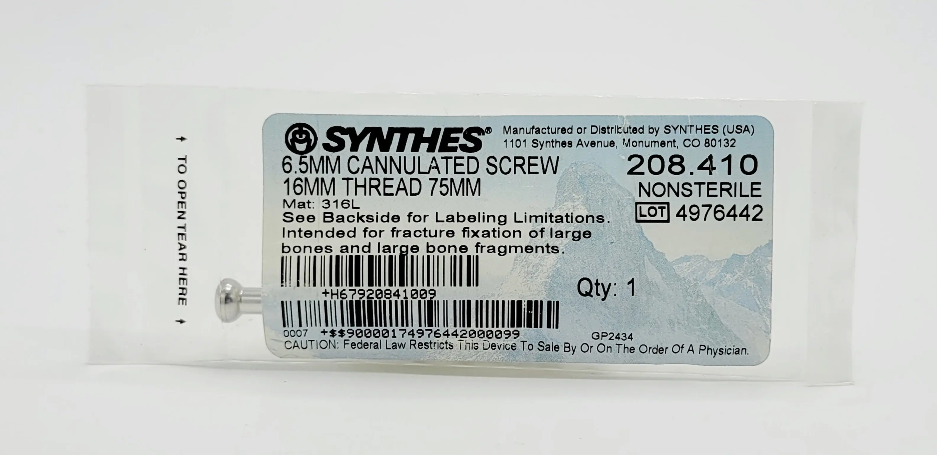 Synthes 208.410 6.5mm Cannulated Screw 16mm Thread 75mm - Image 2